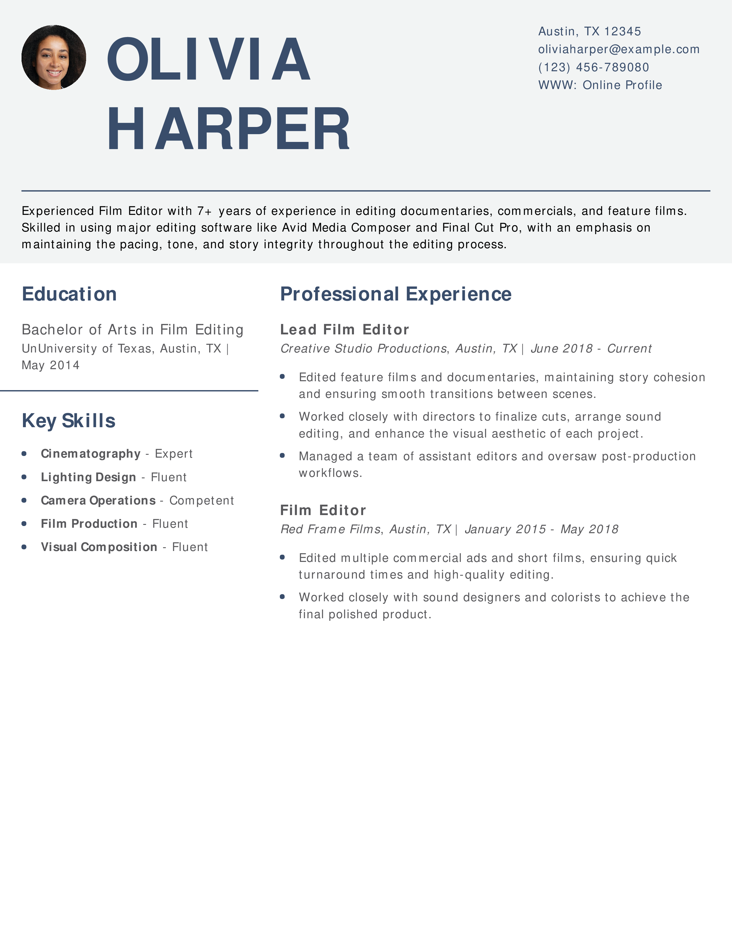 Lead Film Editor Resume Example