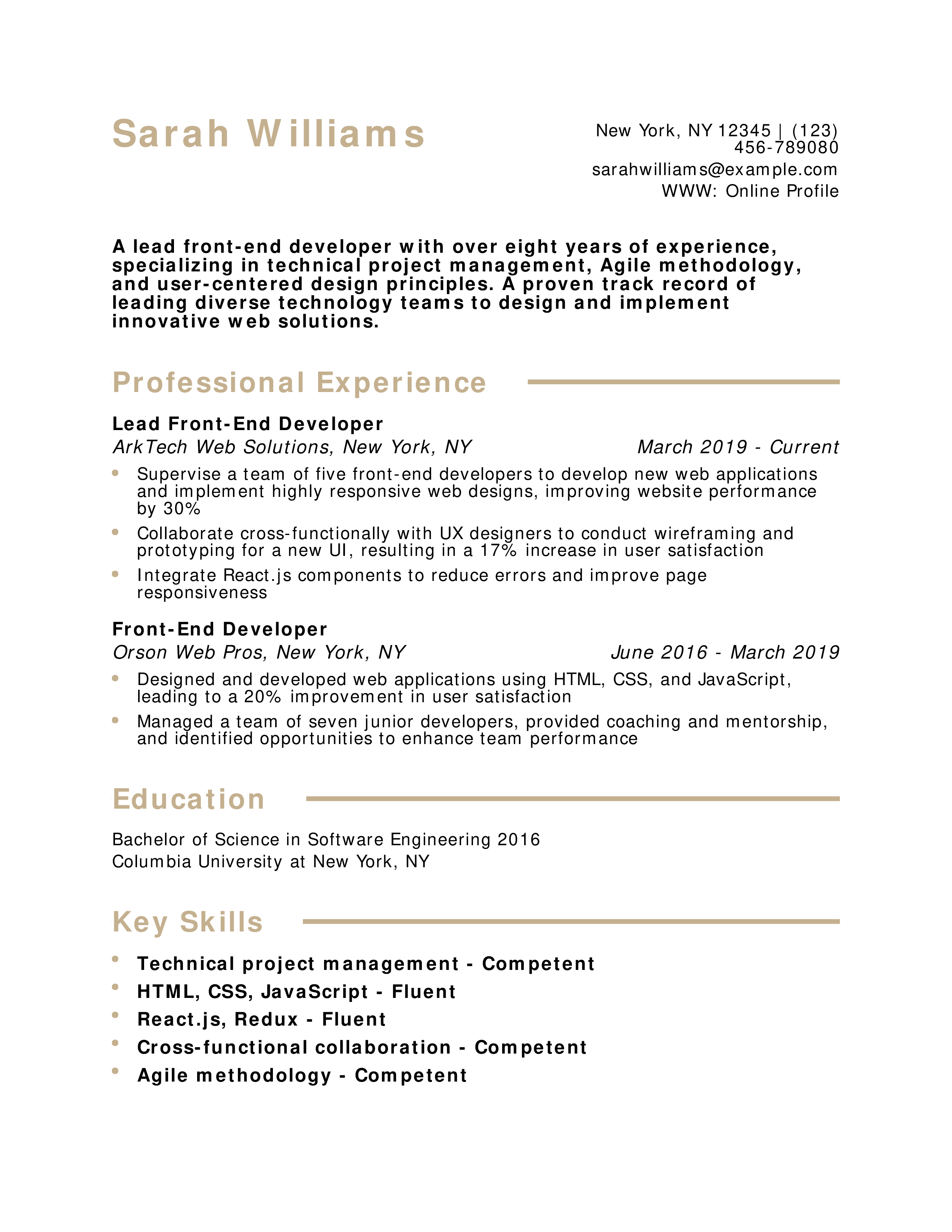 Lead Front-End Developer Resume Example