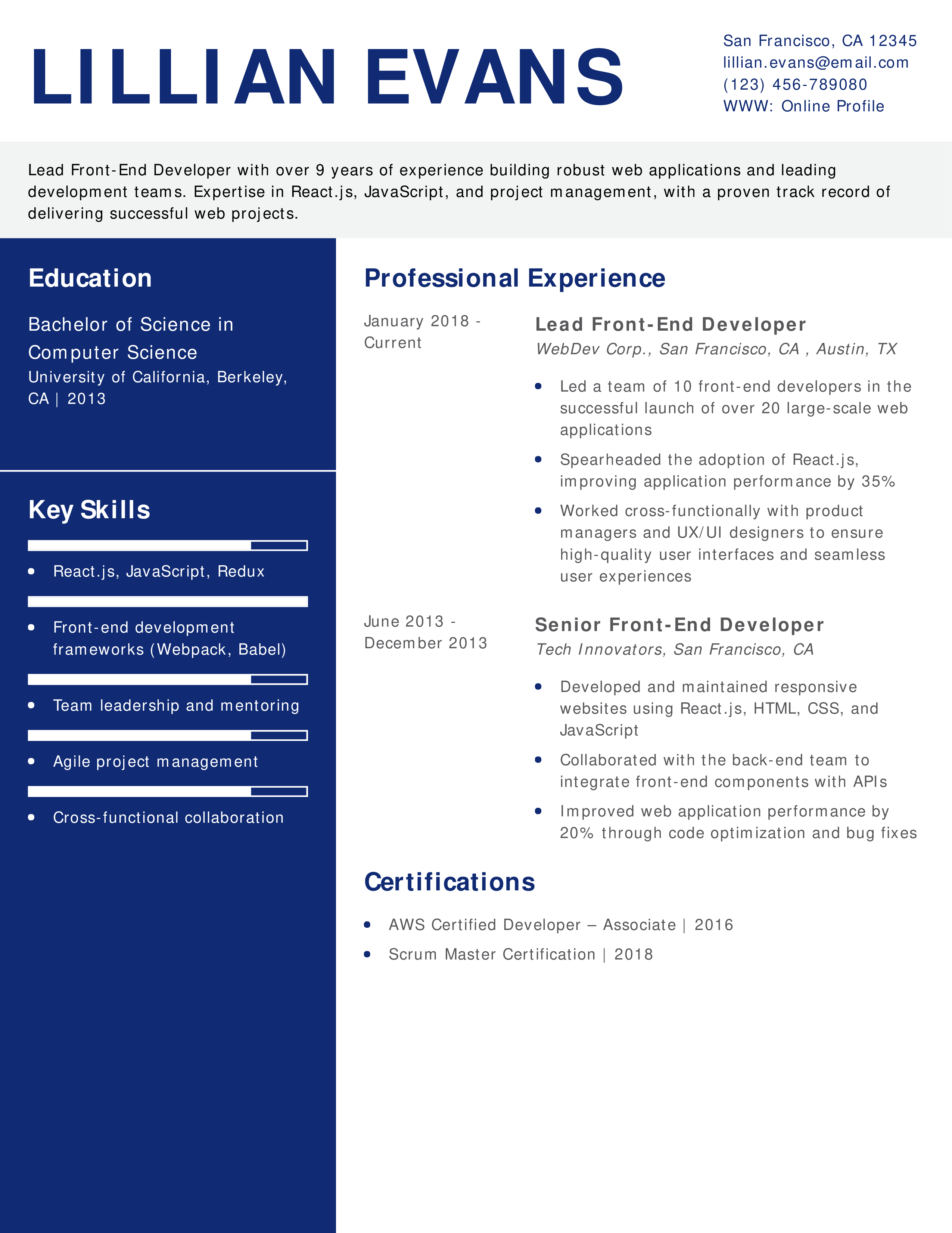 Lead Front-End Developer Resume Example