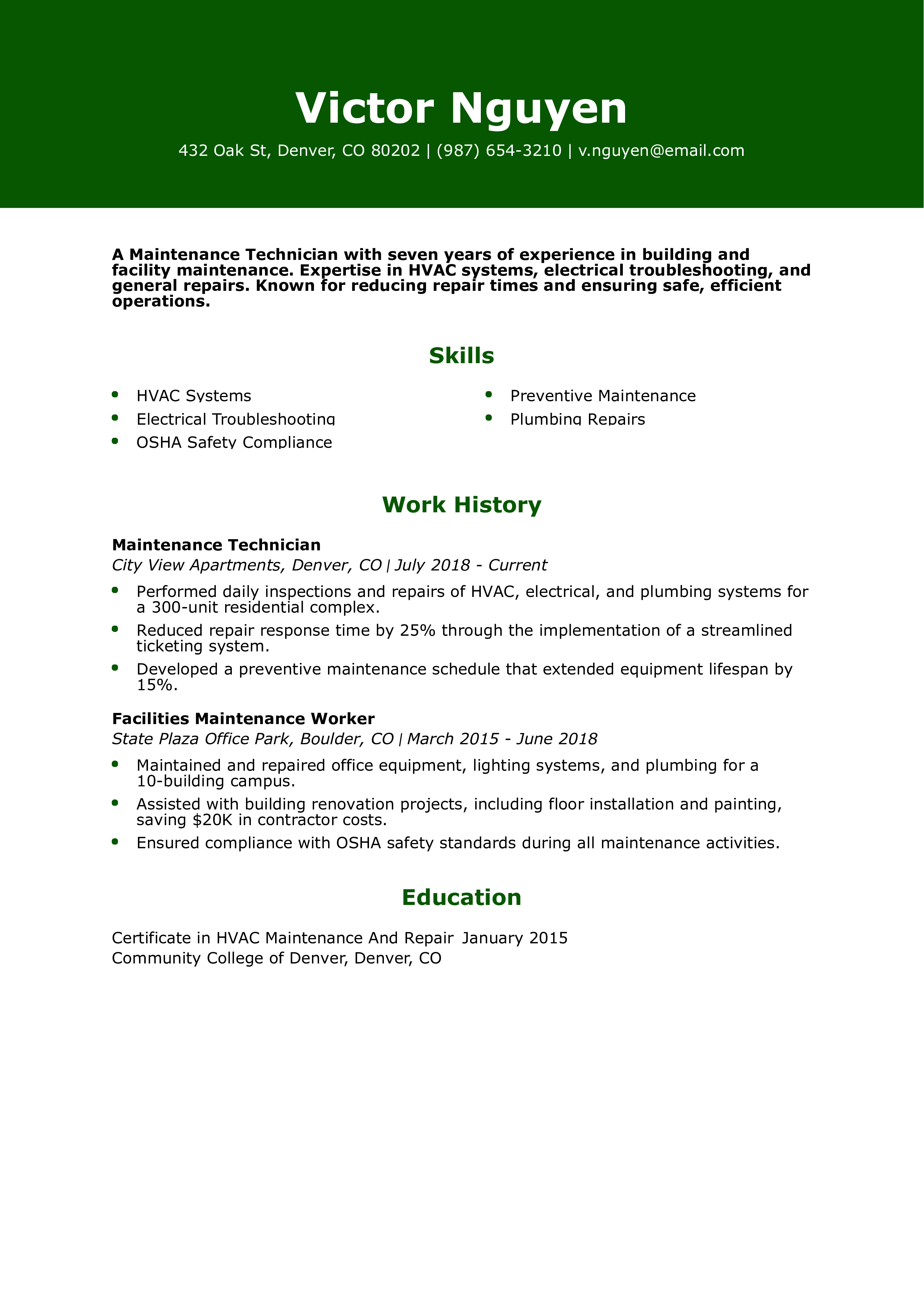 Maintenance Technician Resume