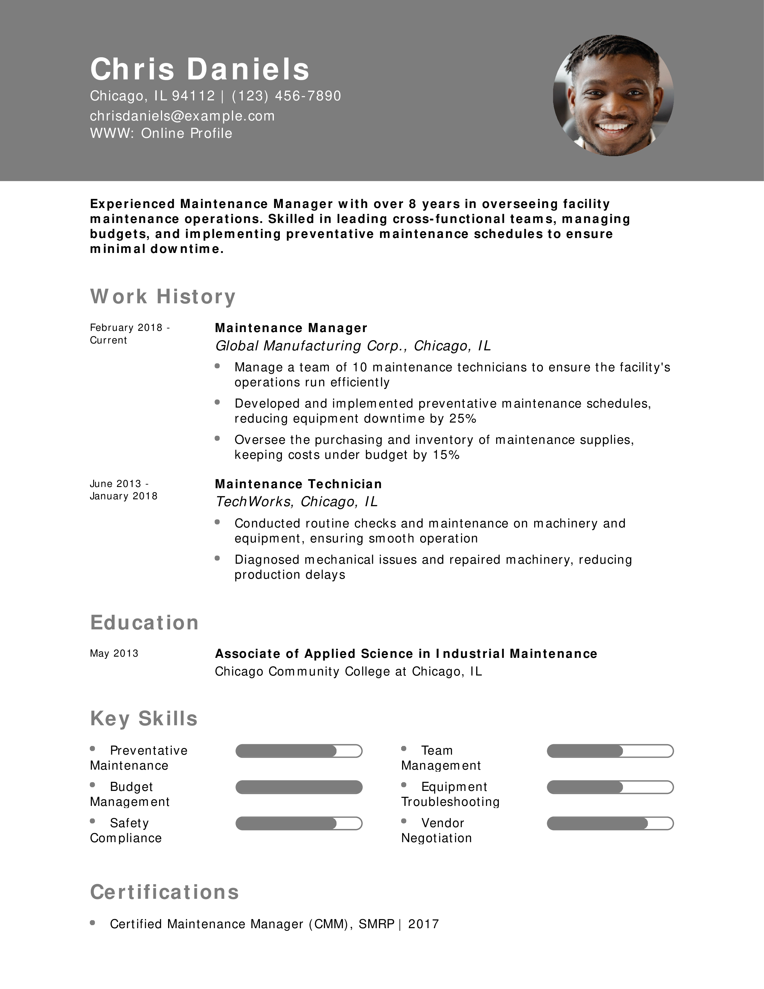 Maintenance Operations Manager Resume