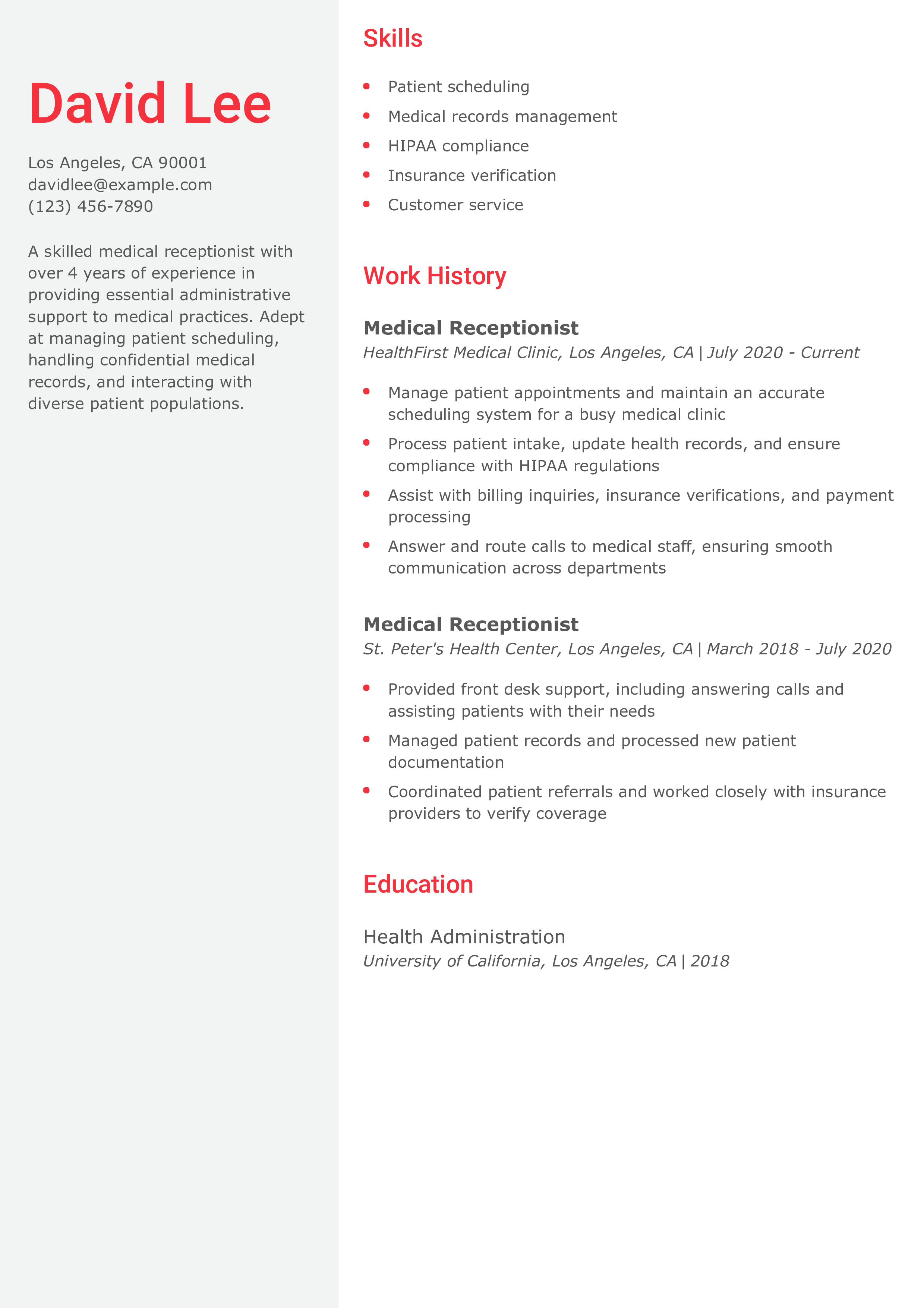 Medical Receptionist Resume