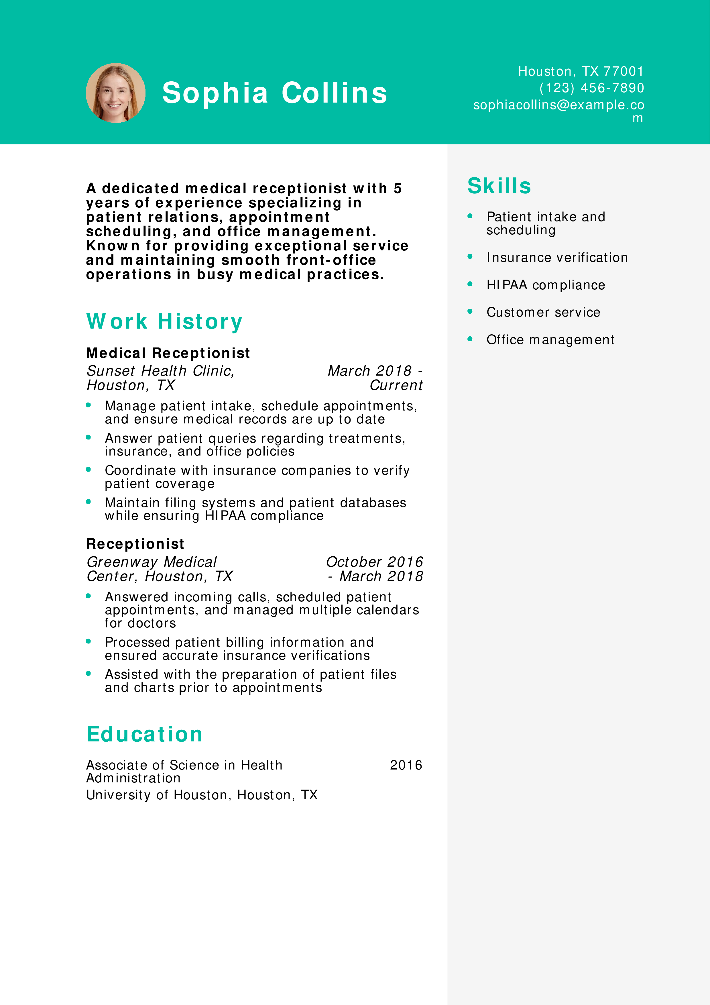 Medical Receptionist Resume