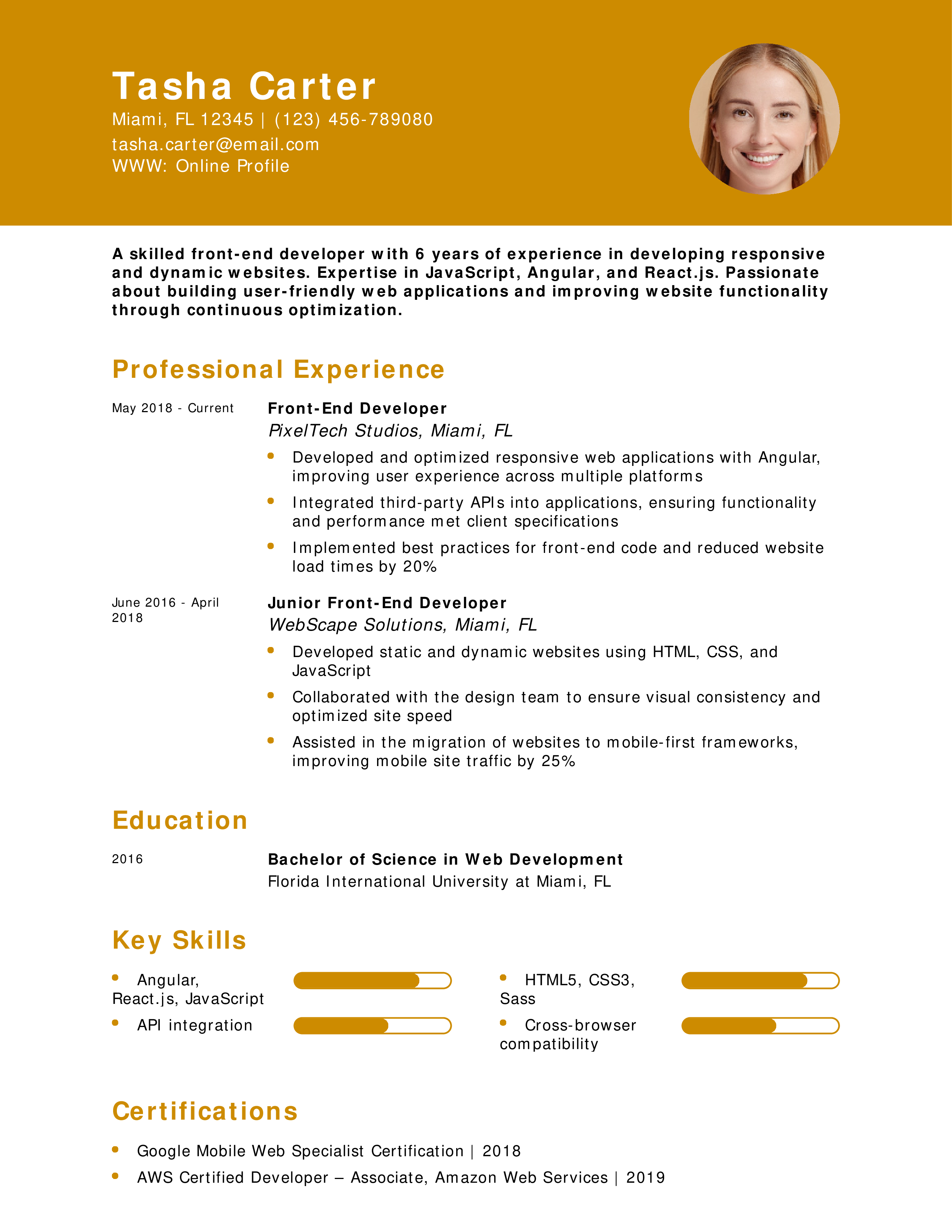Mid-Level Front-End Developer Resume Example
