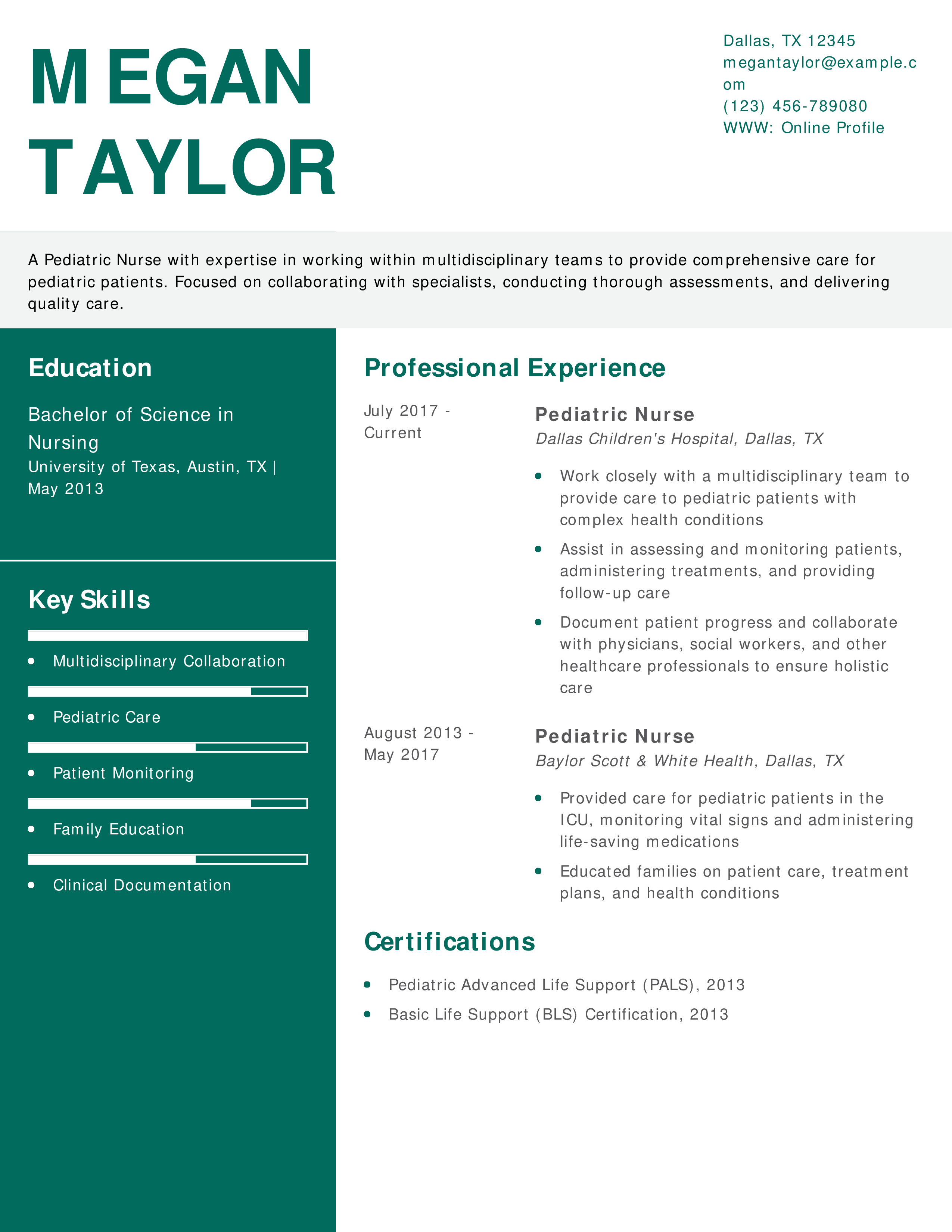 Multidisciplinary Team Focus Pediatric Nurse Resume Example