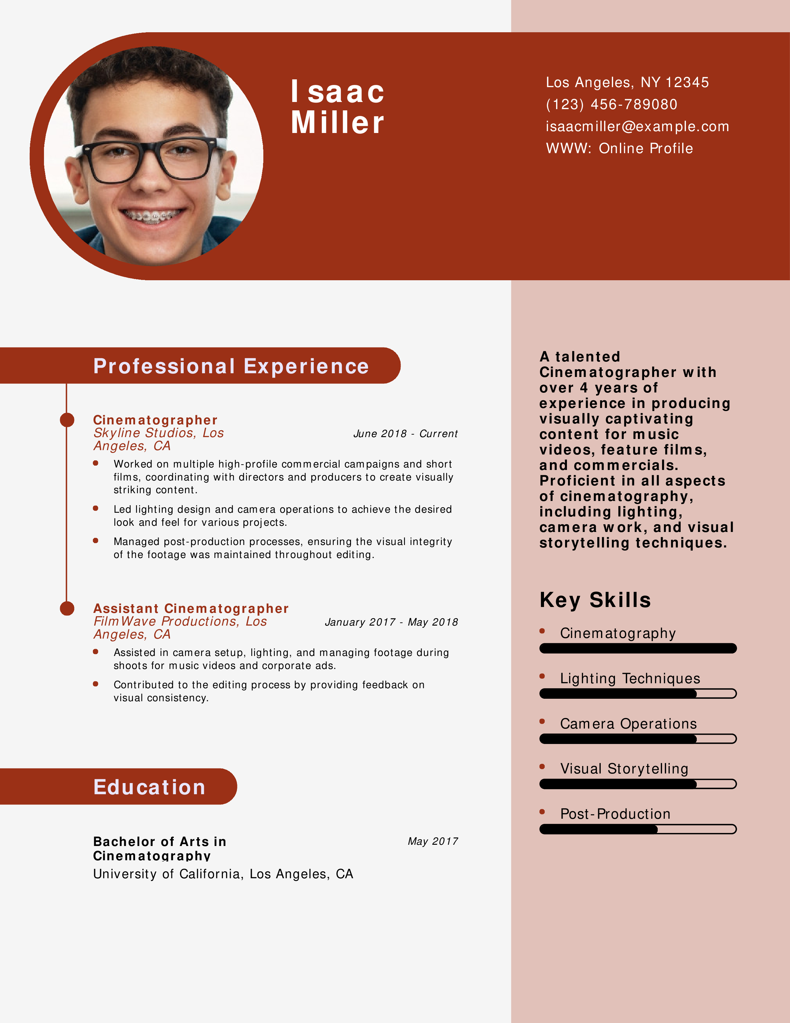 Music Video Cinematographer Resume Example