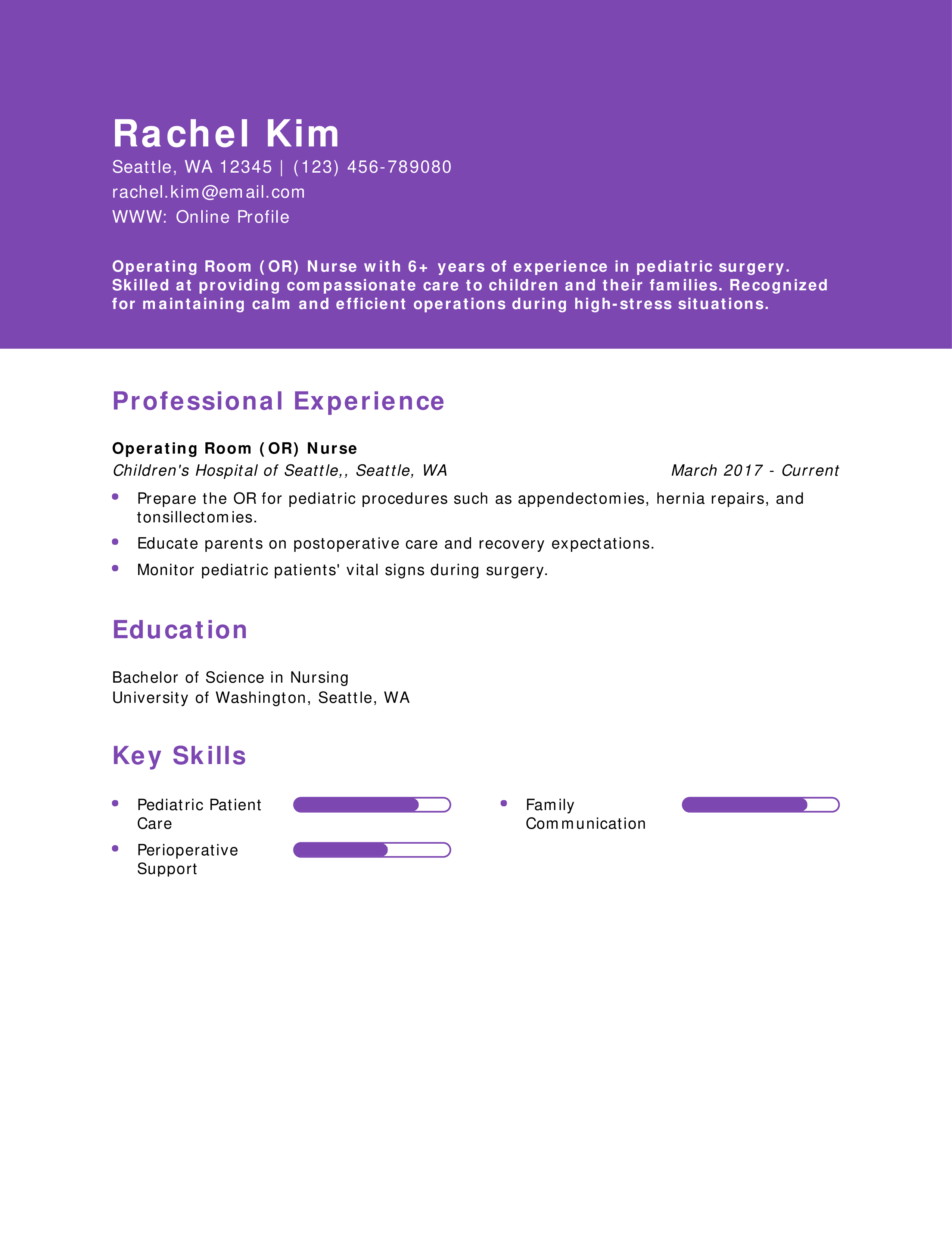 Pediatric Operating Room Nurse Resume Example