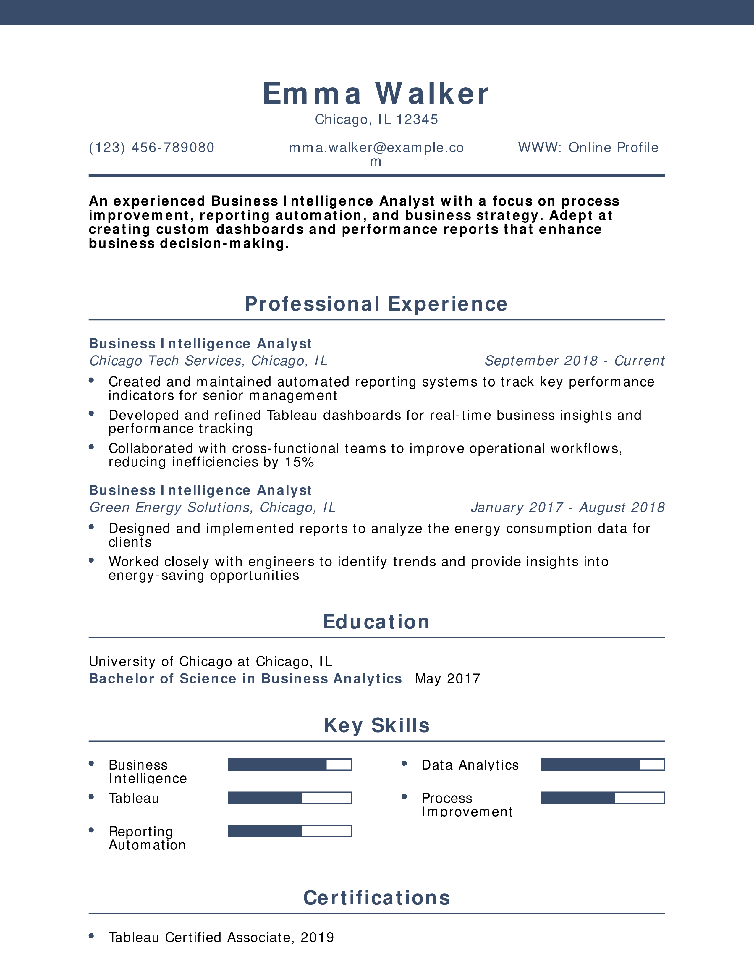 Process-Oriented Business Intelligence Analyst Resume Example