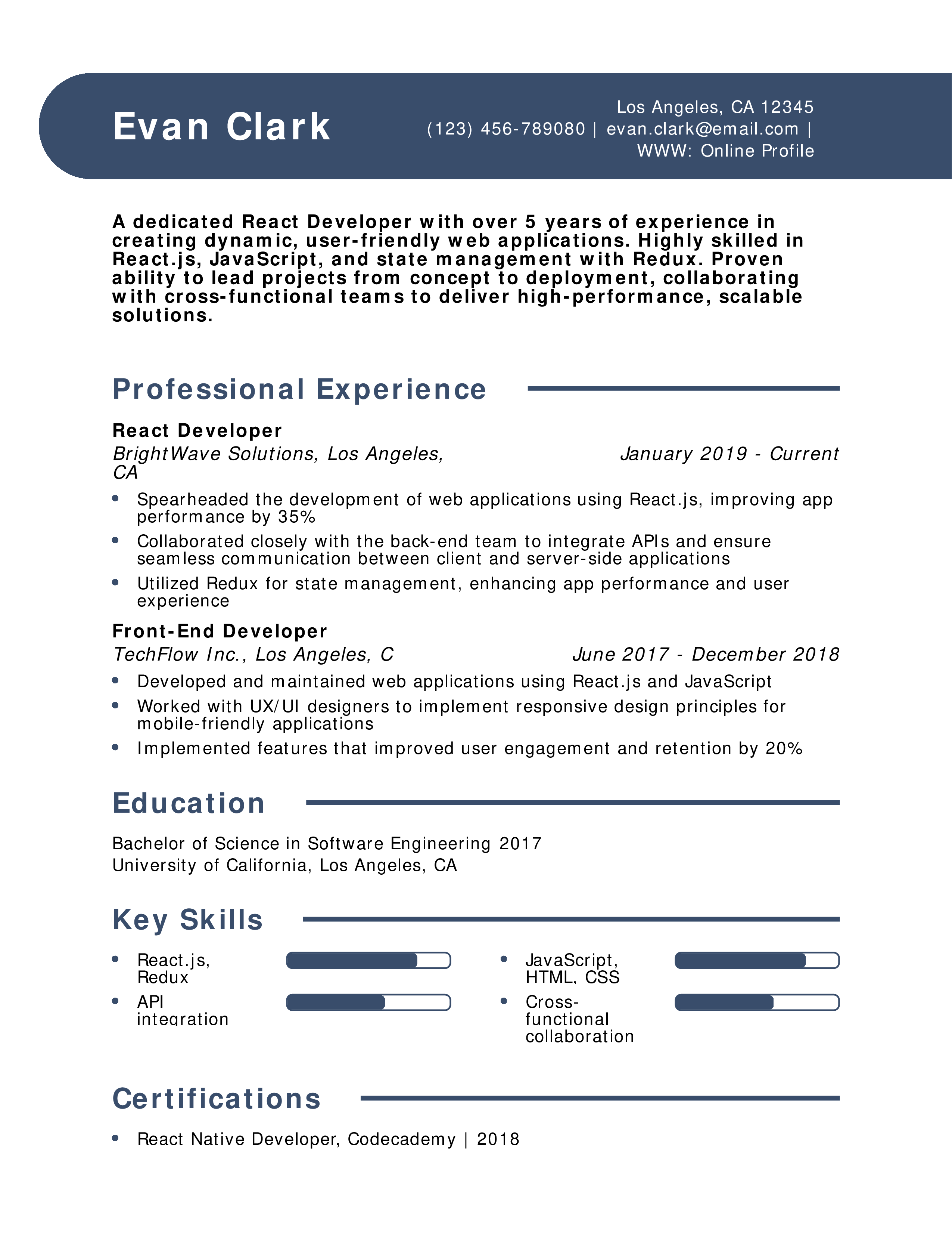React Developer Resume Example
