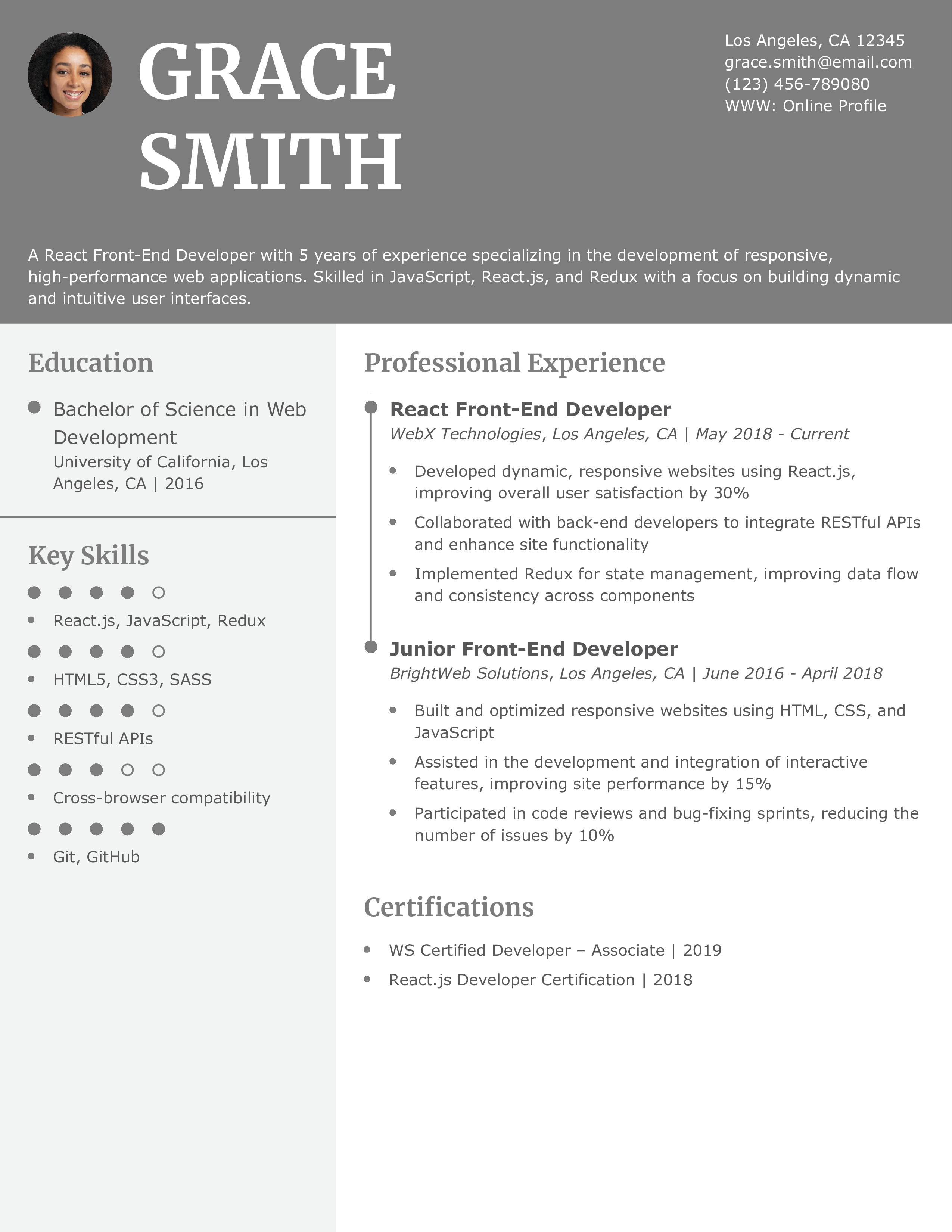 React Front-End Developer Resume Example