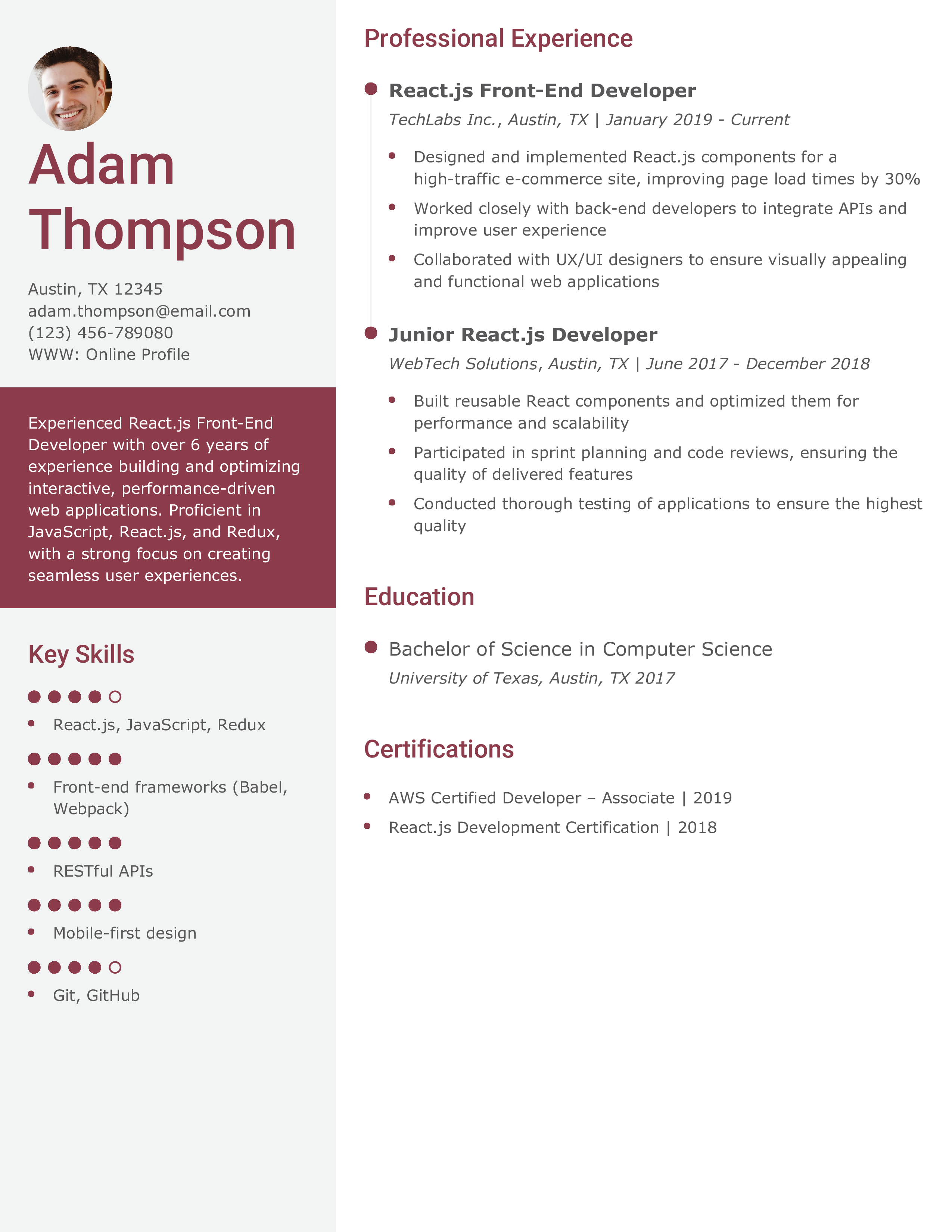 React.js Front-End Developer Resume Example