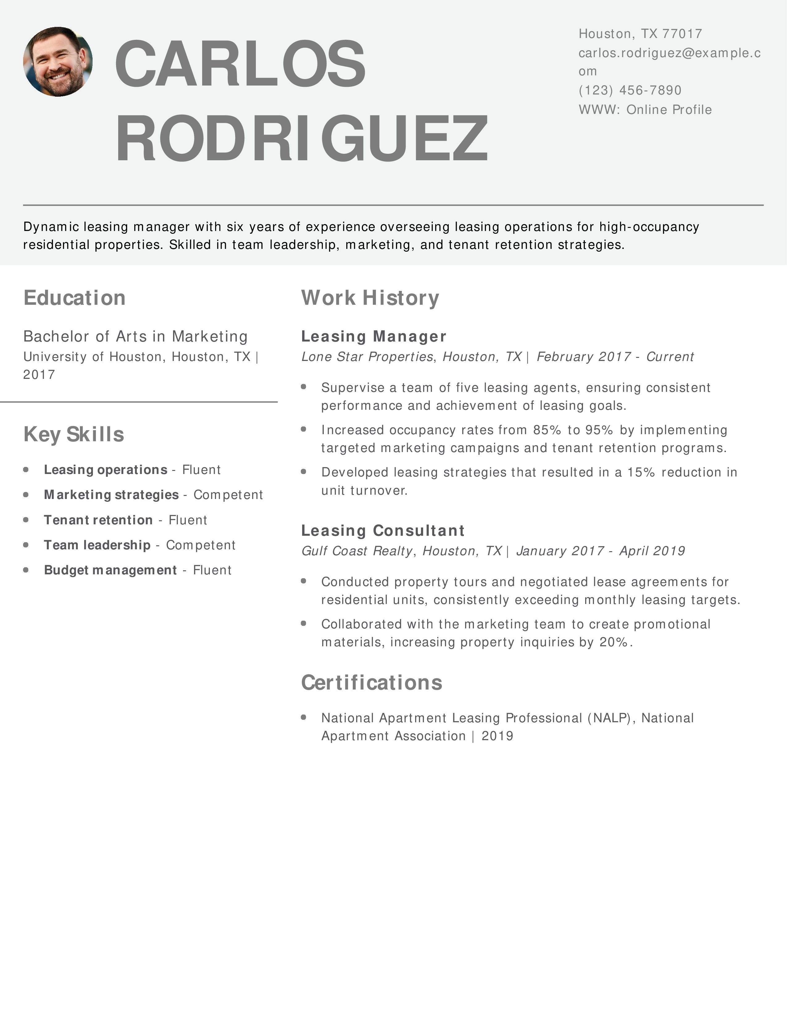 Real Estate Leasing Manager Resume