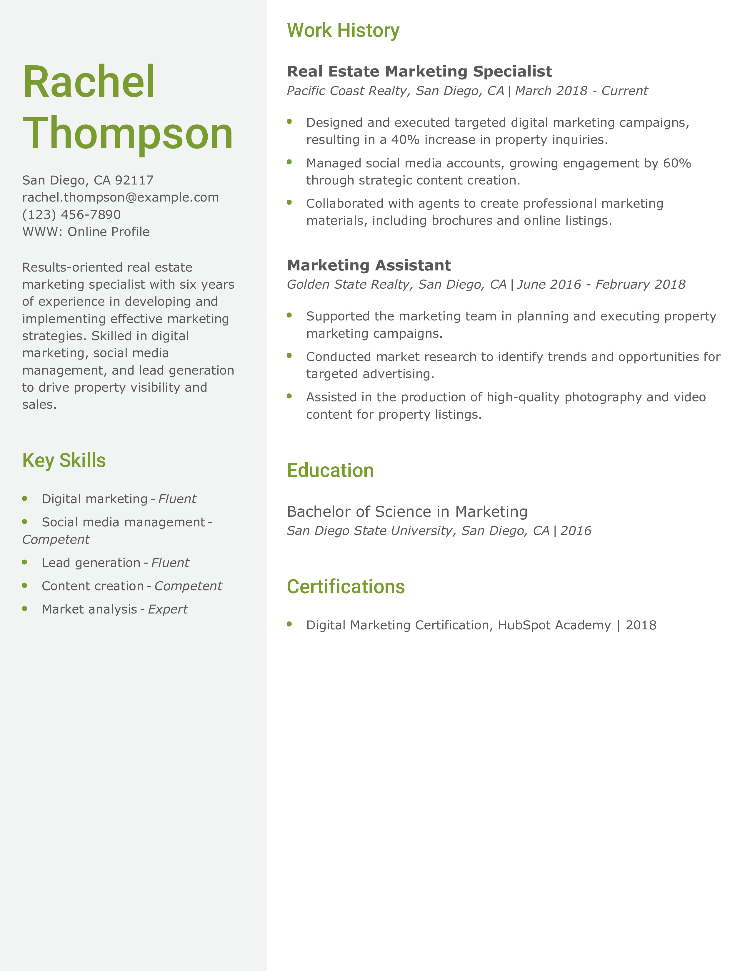 Real Estate Marketing Specialist Resume