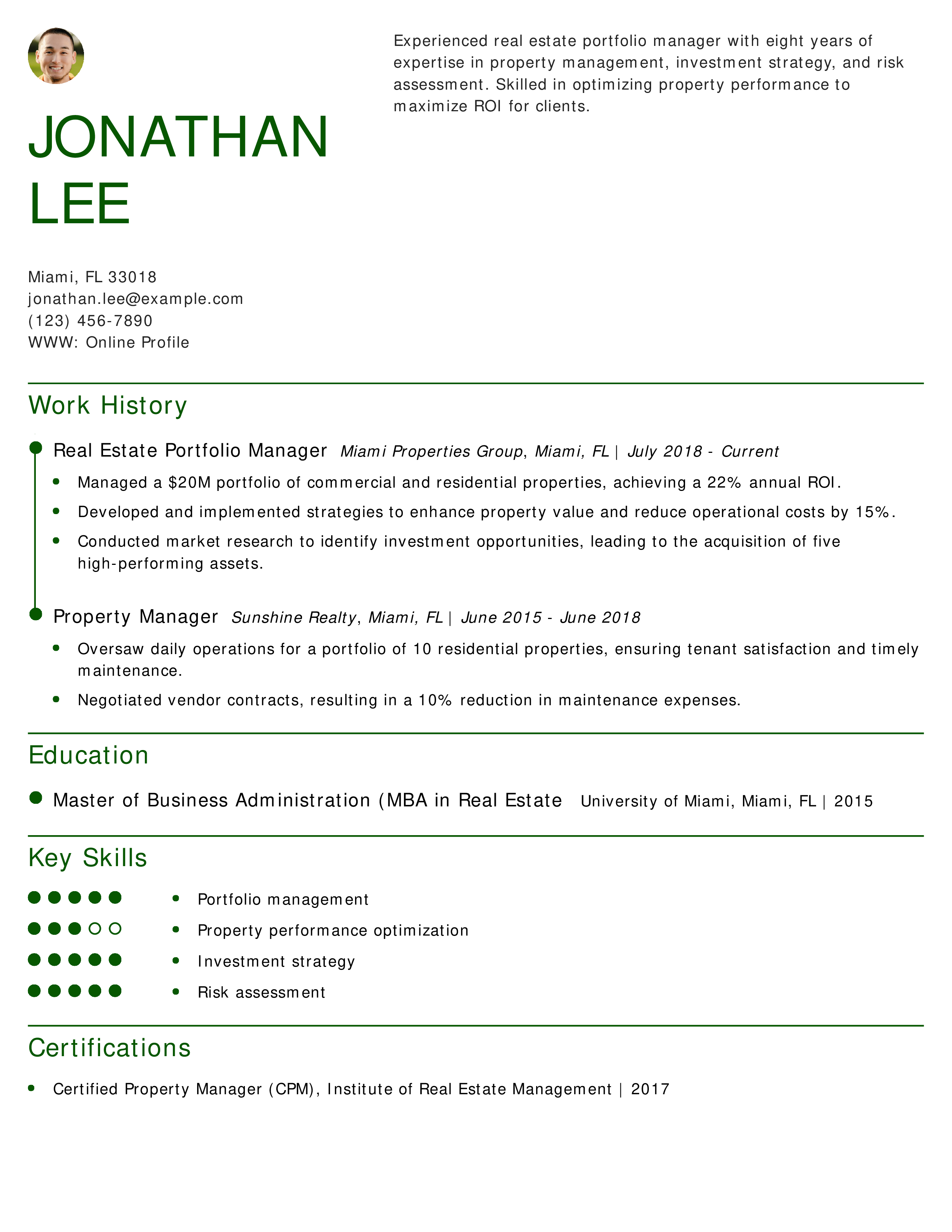 Real Estate Portfolio Manager Resume