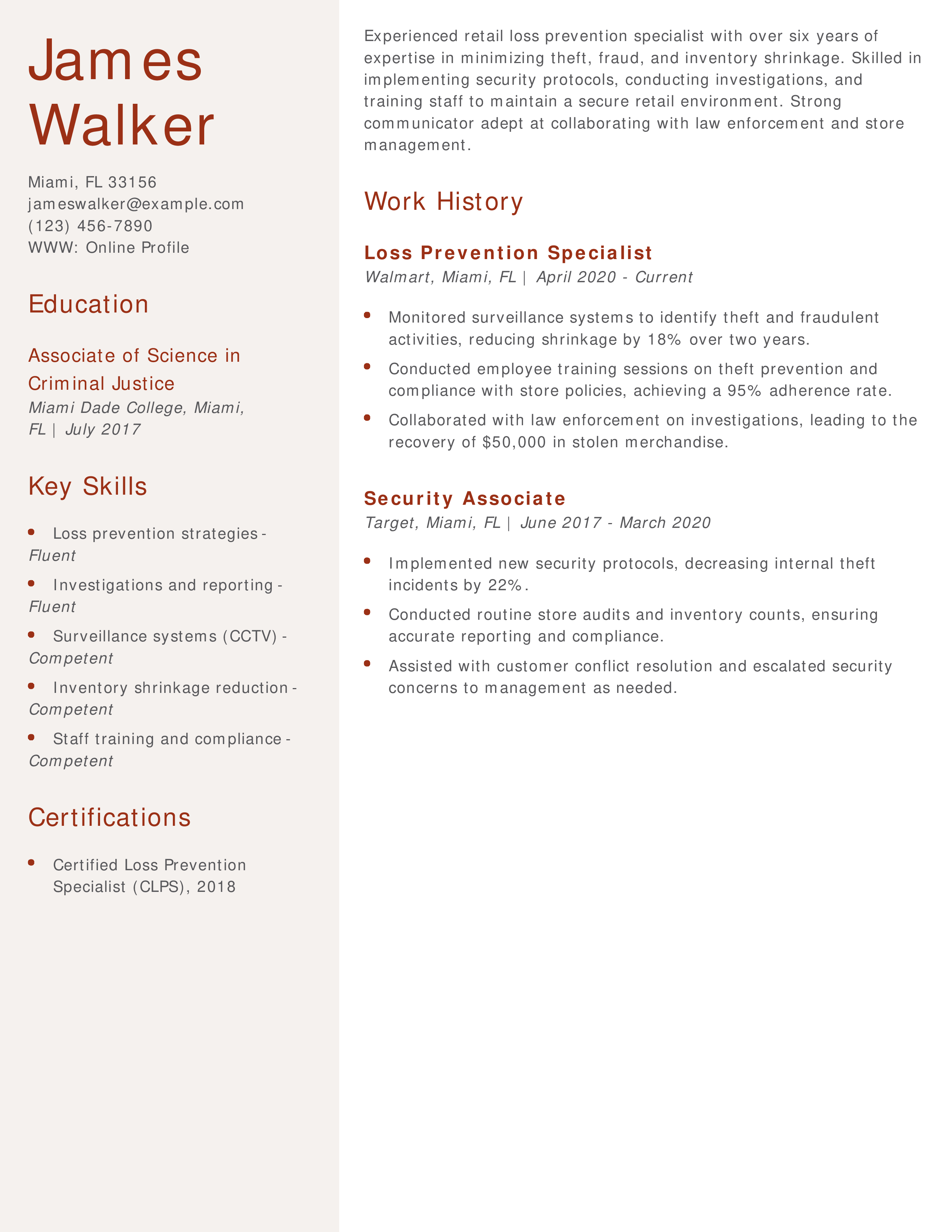 Retail Loss Prevention Specialist Resume