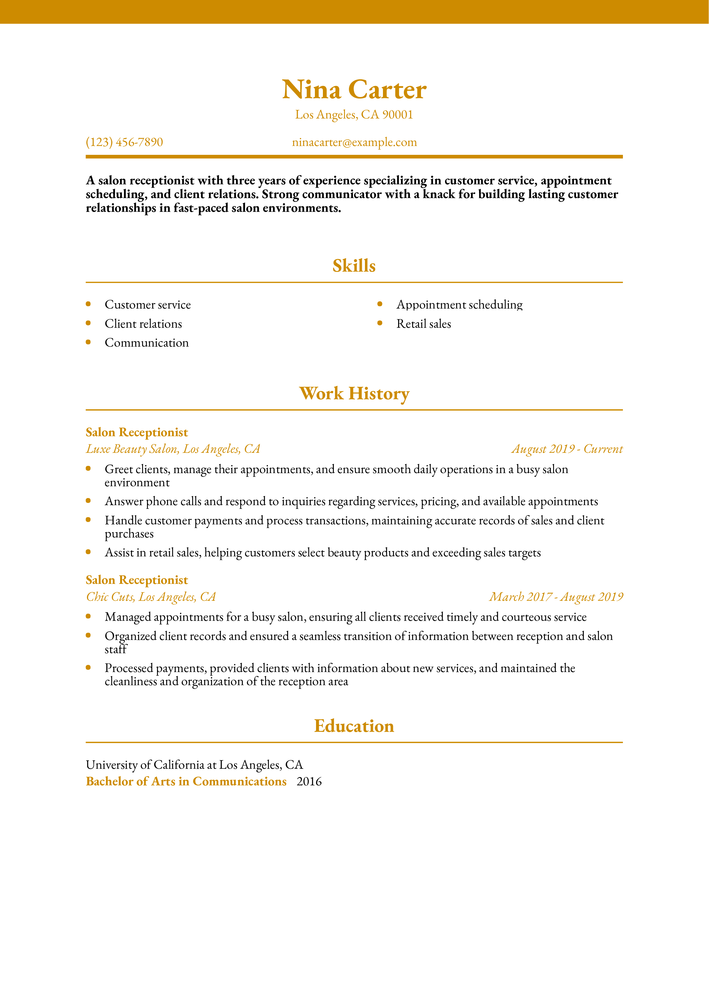 Salon Receptionist Resume