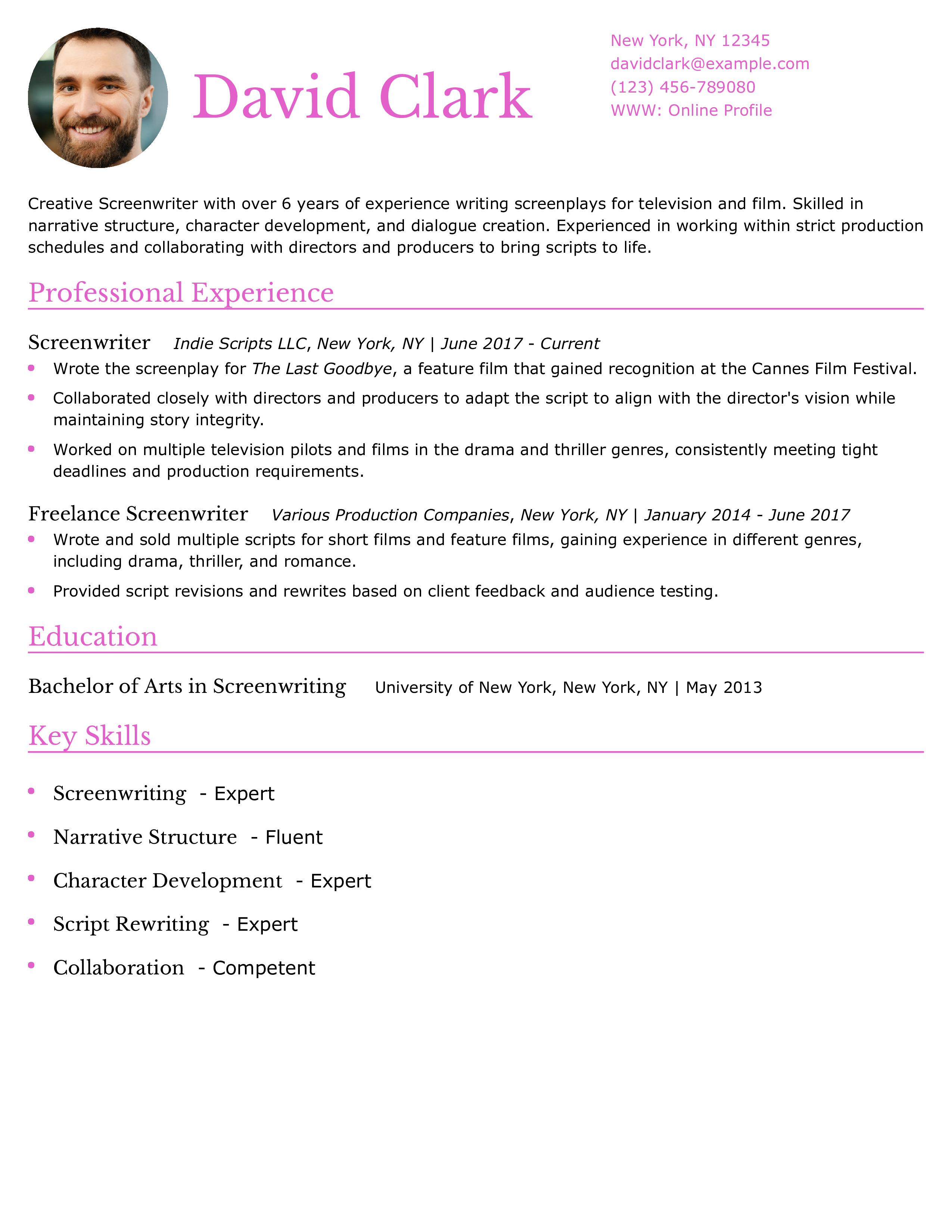 Screenwriter Resume Example