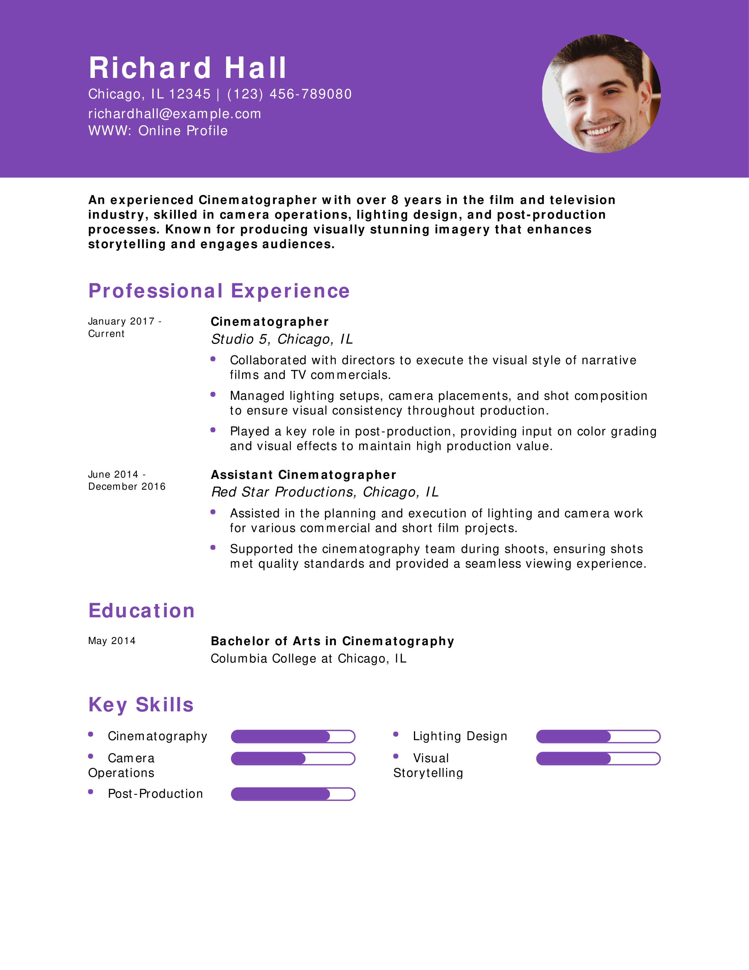 Senior Cinematographer Resume Example