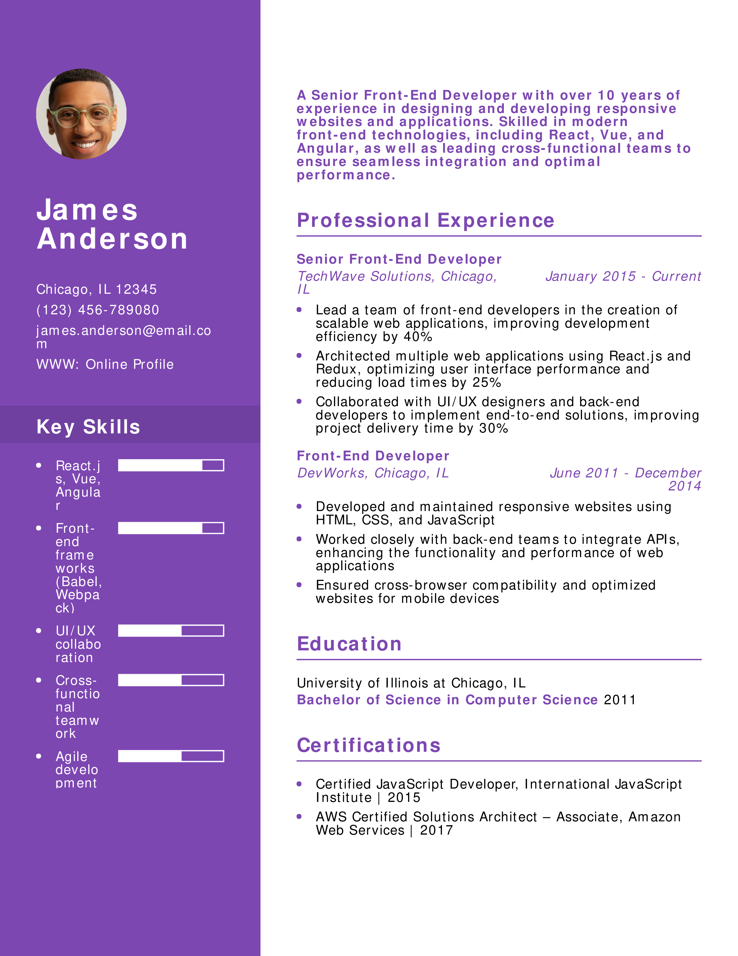 Senior Front-End Developer Resume Example
