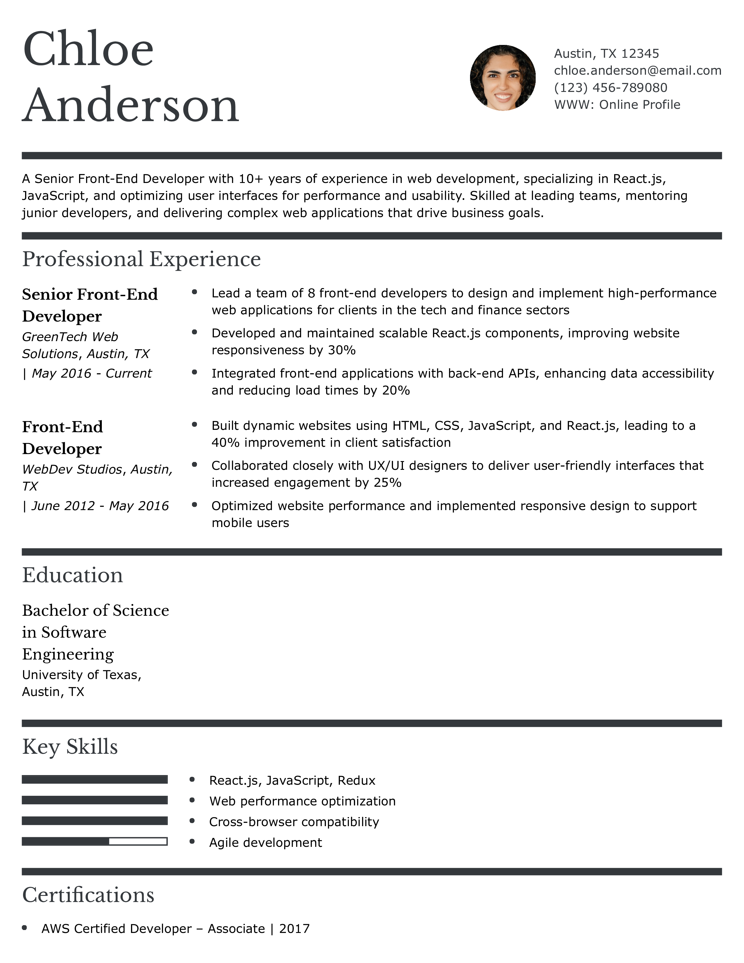 Senior Front-End Developer Resume Example