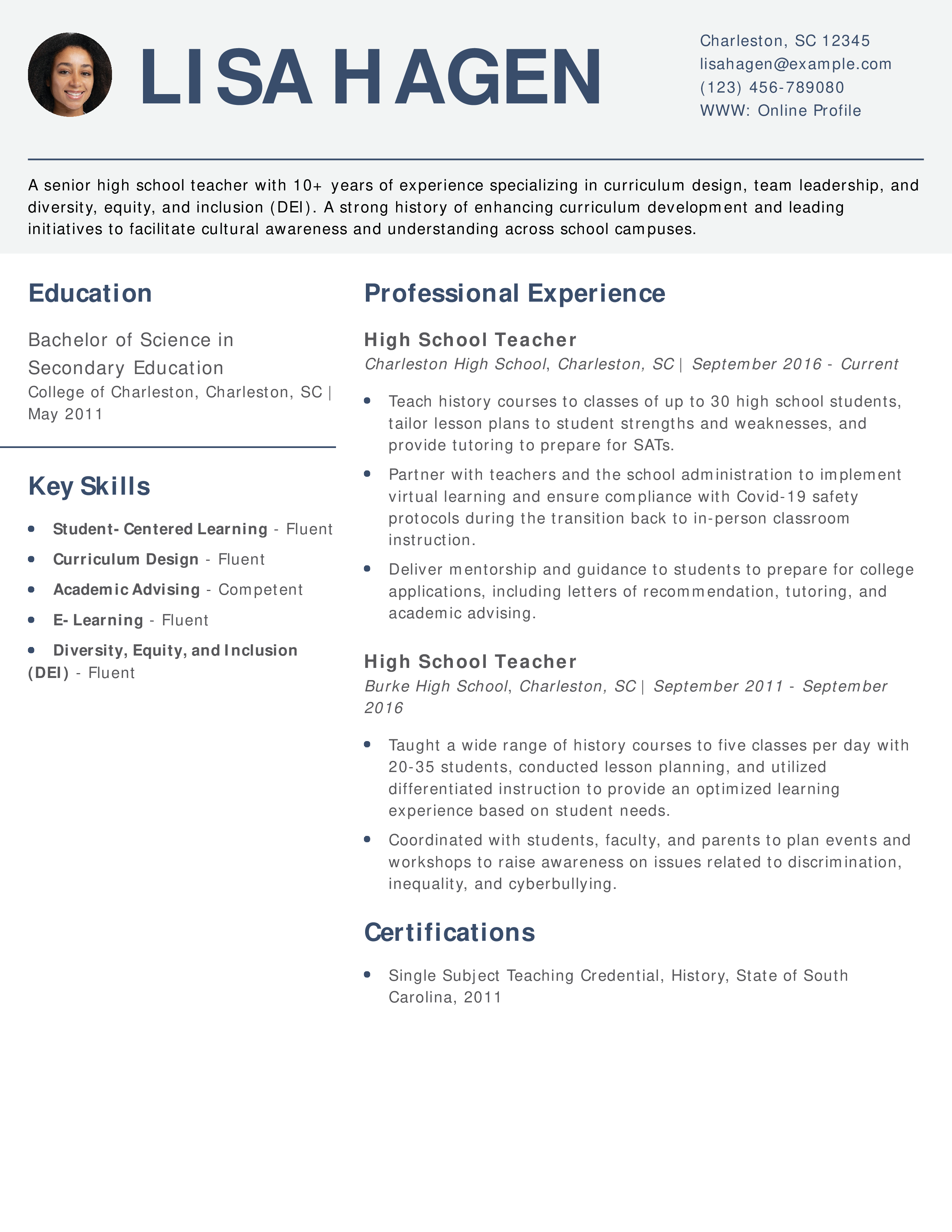 Professional High School Teacher Resume