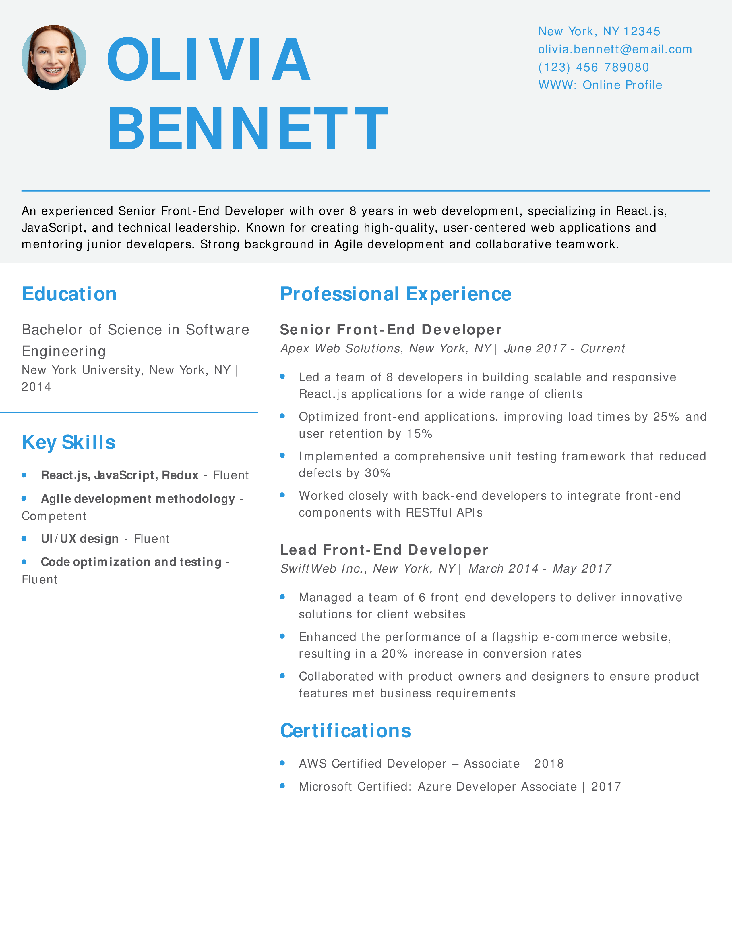 Senior-Level Front-End Developer Resume Example