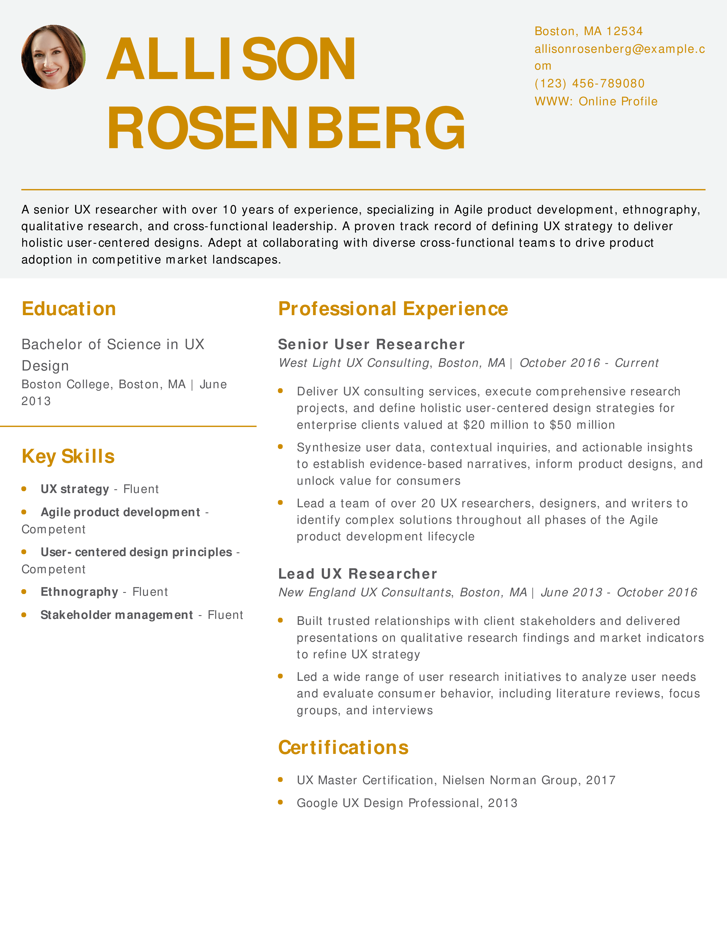 Senior User Experience Researcher Resume Example