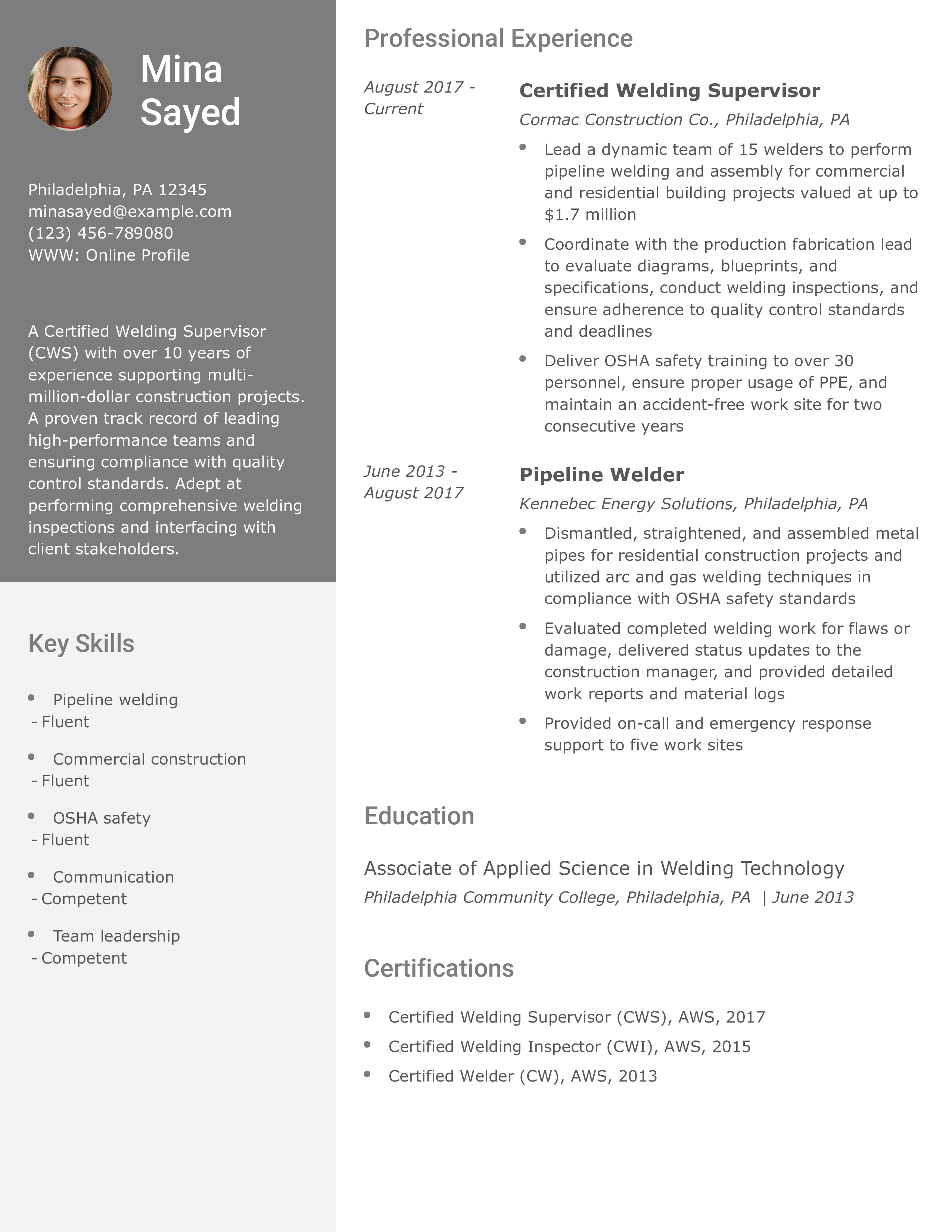 Senior Welder Resume Example