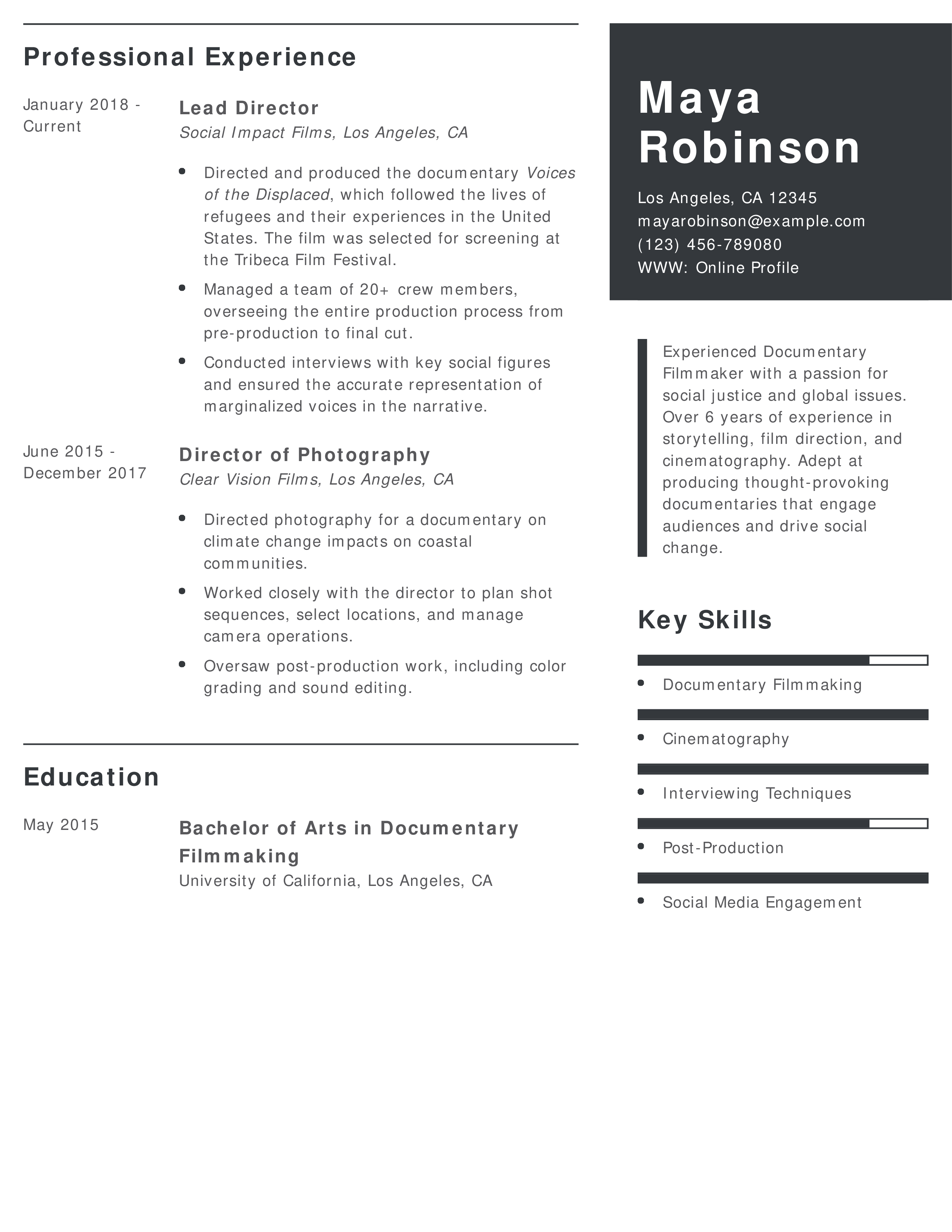 Social Impact Documentary Filmmaker Resume Example