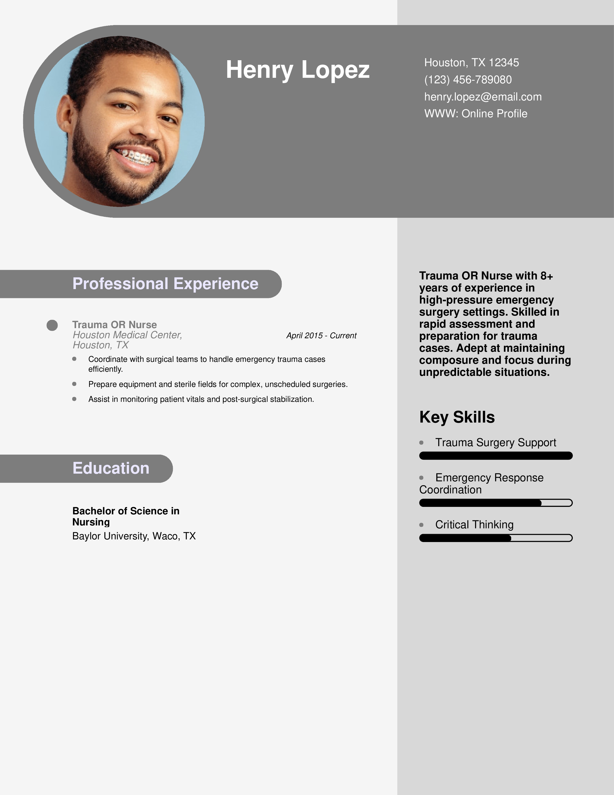 Trauma Operating Room Nurse Resume Example