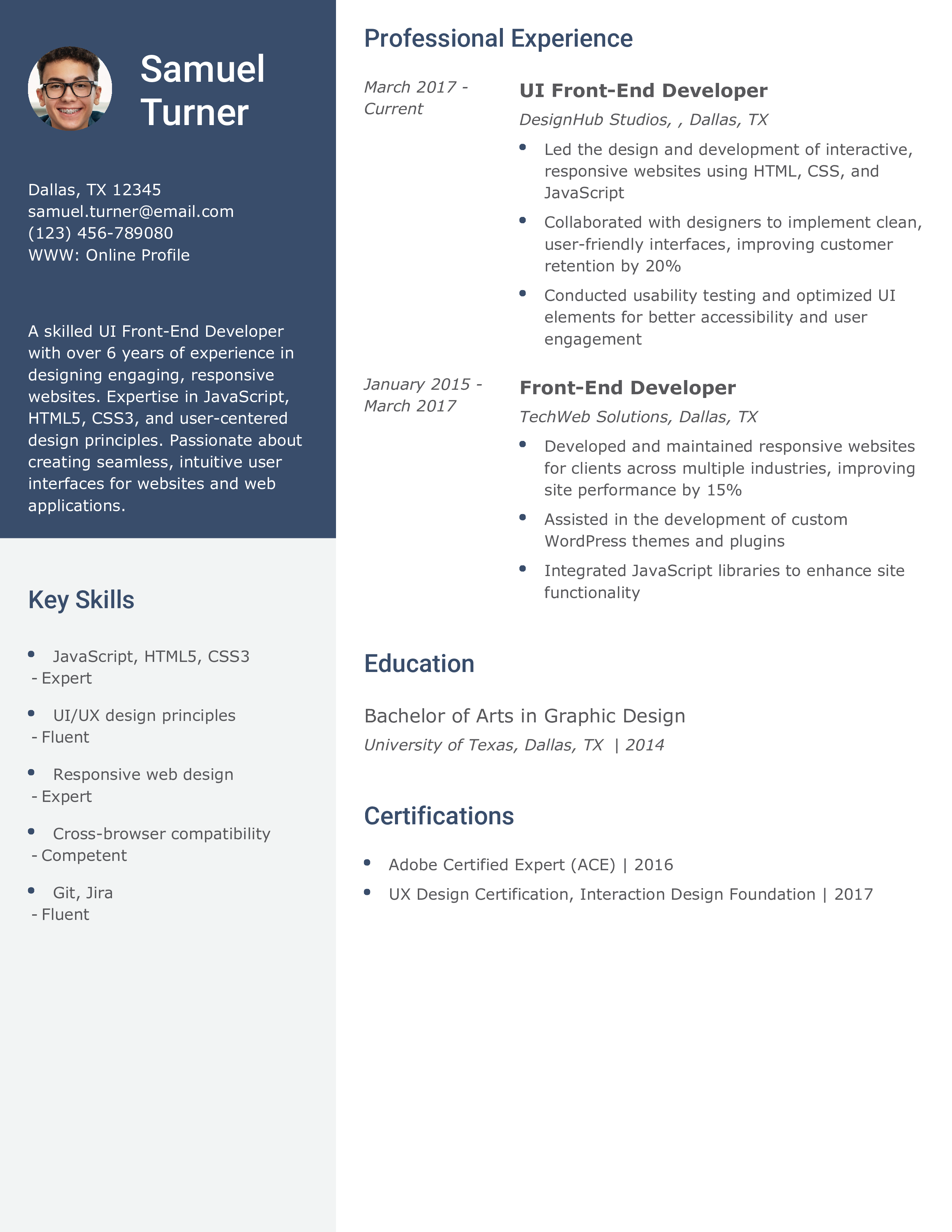 UI Front-End Developer Resume Example