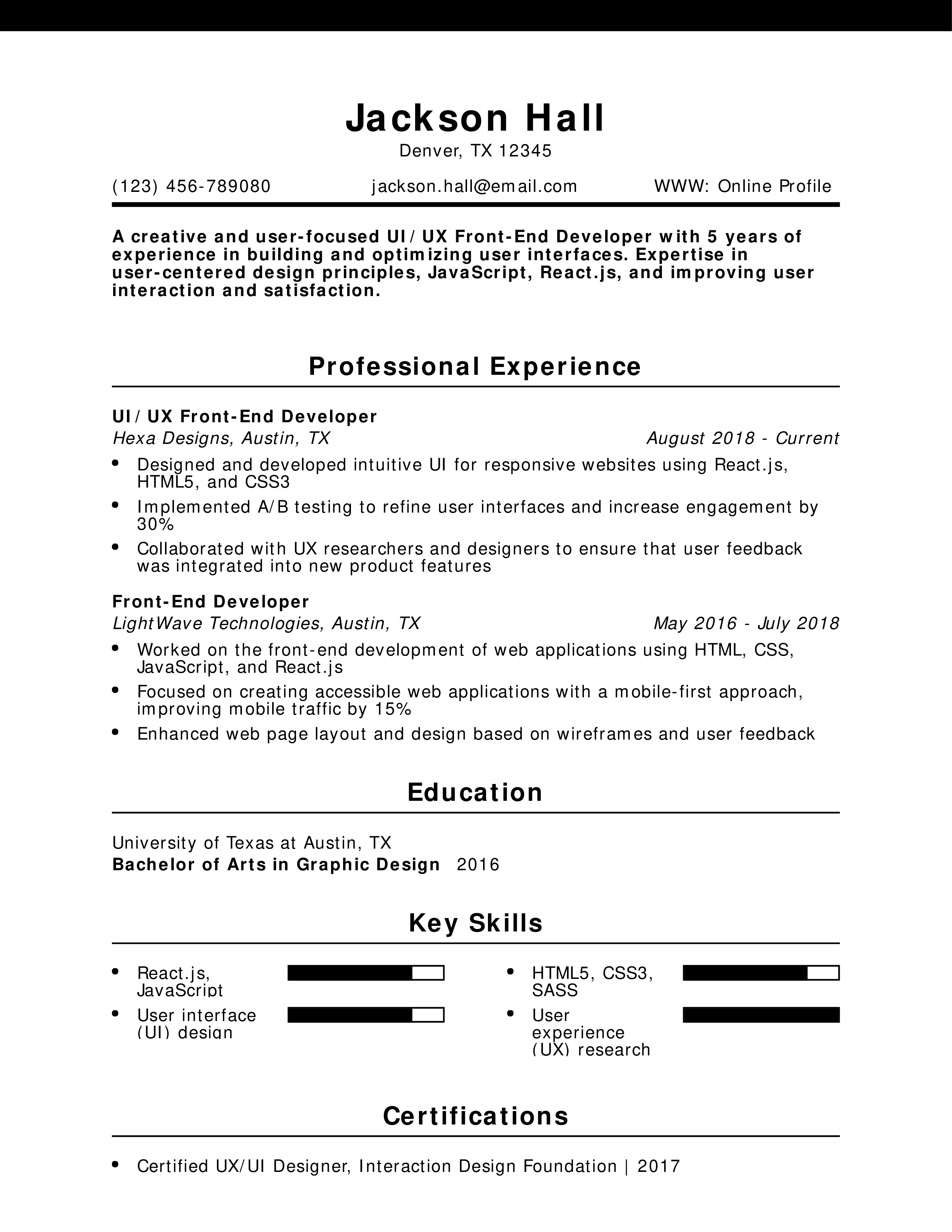 UI/UX Front-End Developer Resume Example