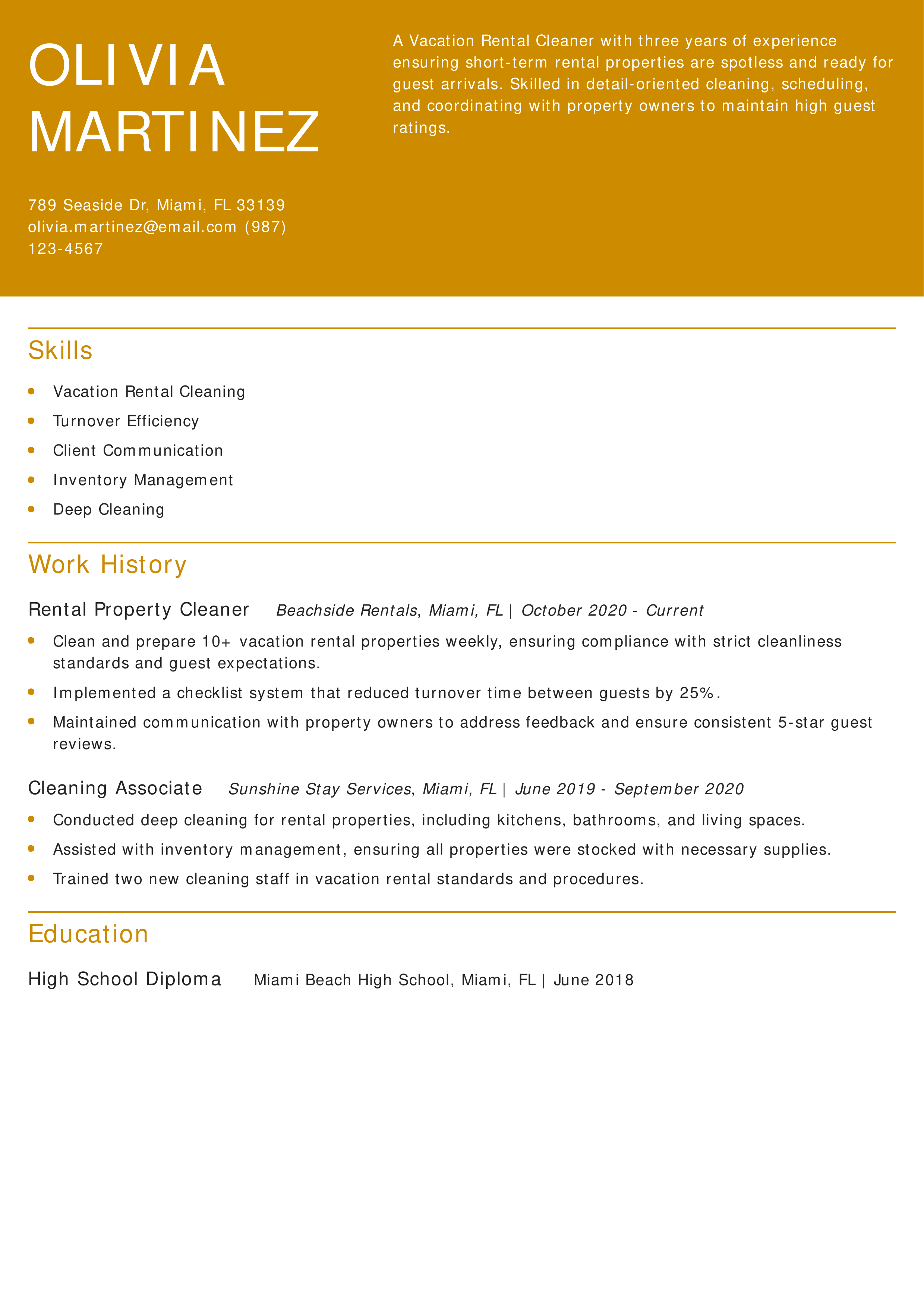Vacation Rental Cleaner Resume