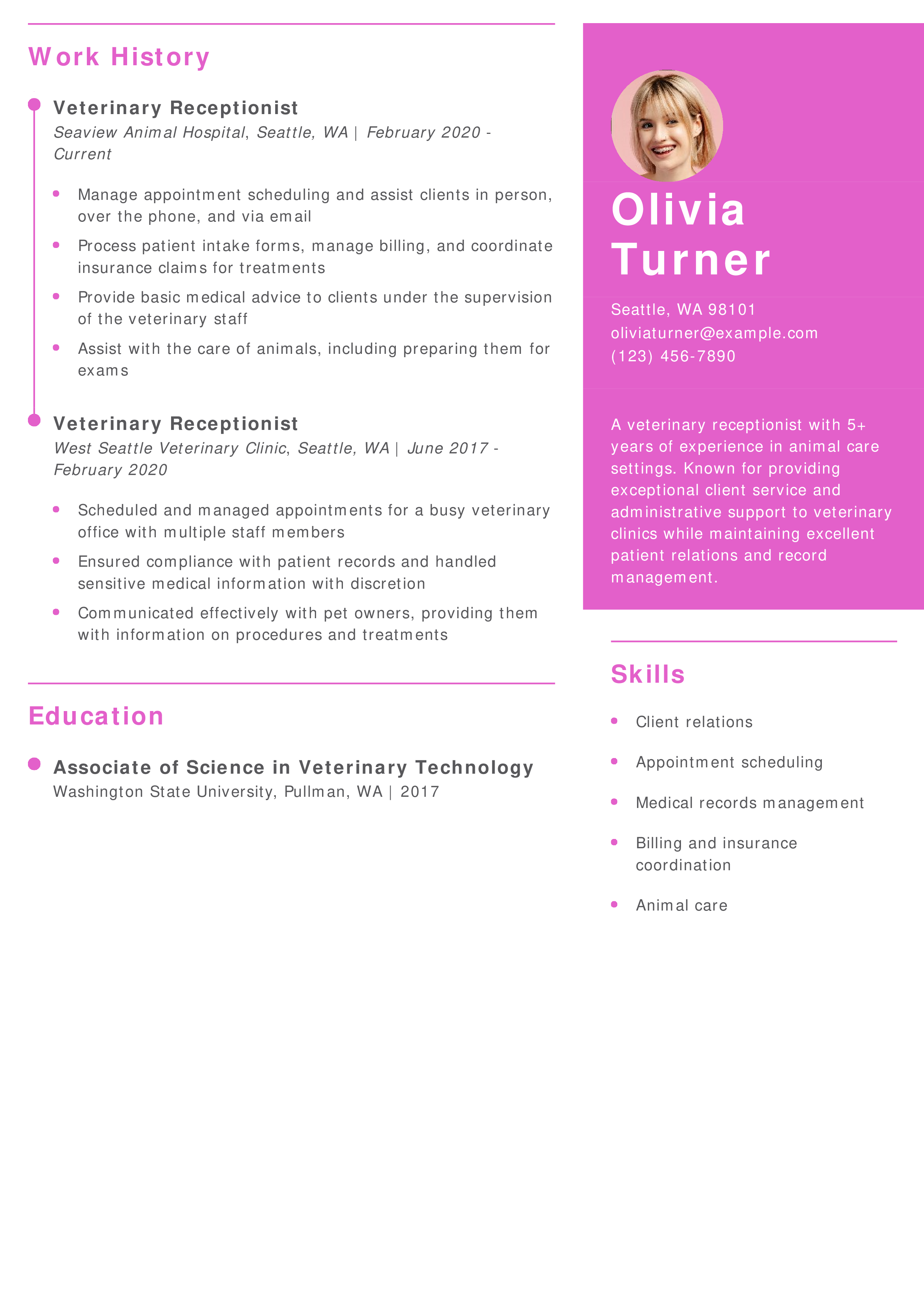 Veterinary Receptionist Resume