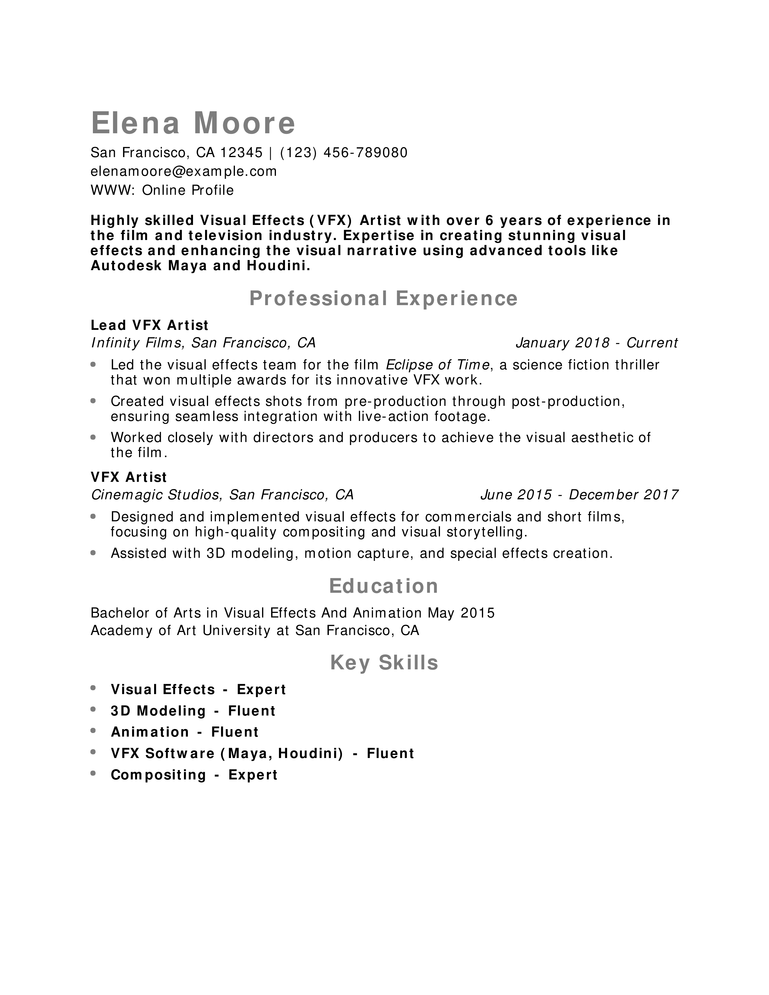 Visual Effects Artist Resume Example