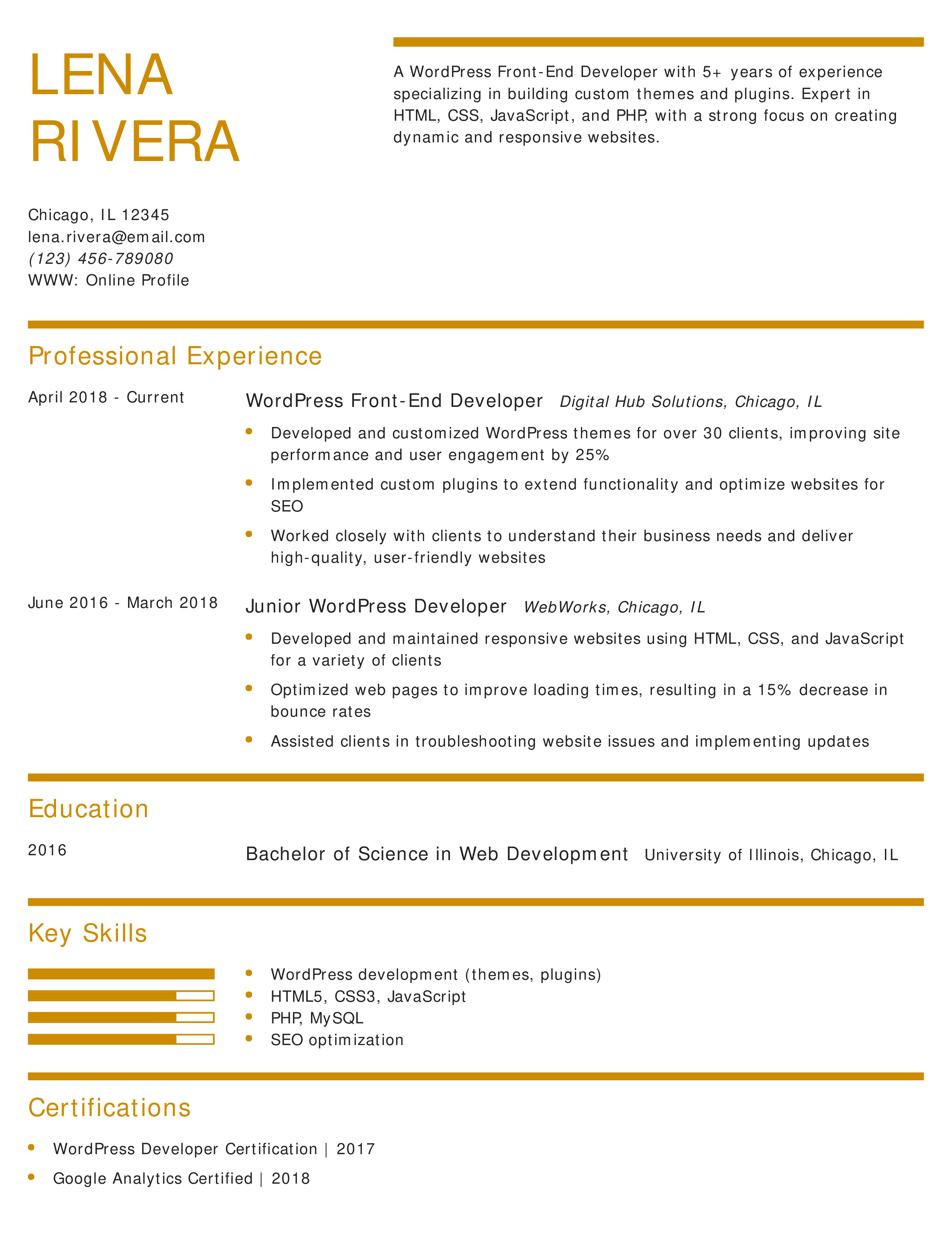 WordPress Front-End Developer Resume Example
