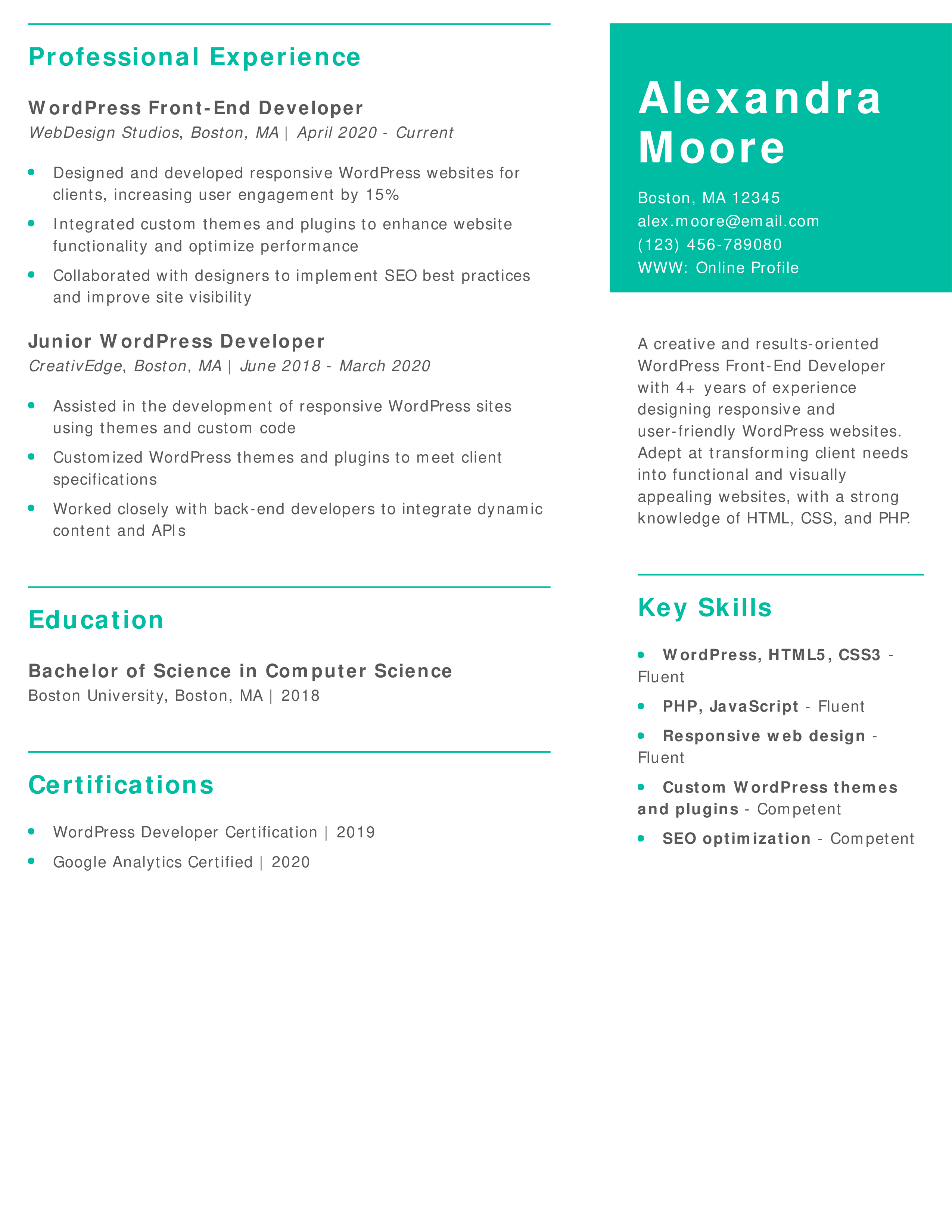 WordPress Front-End Developer Resume Example