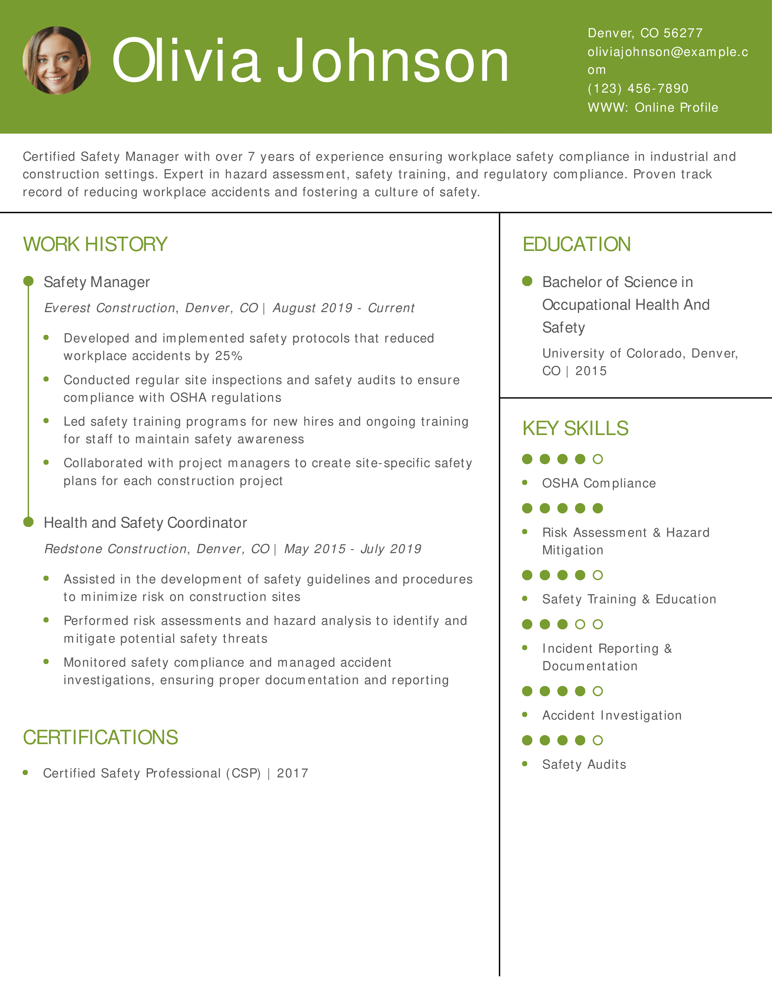 Workplace Safety and Risk Manager Resume