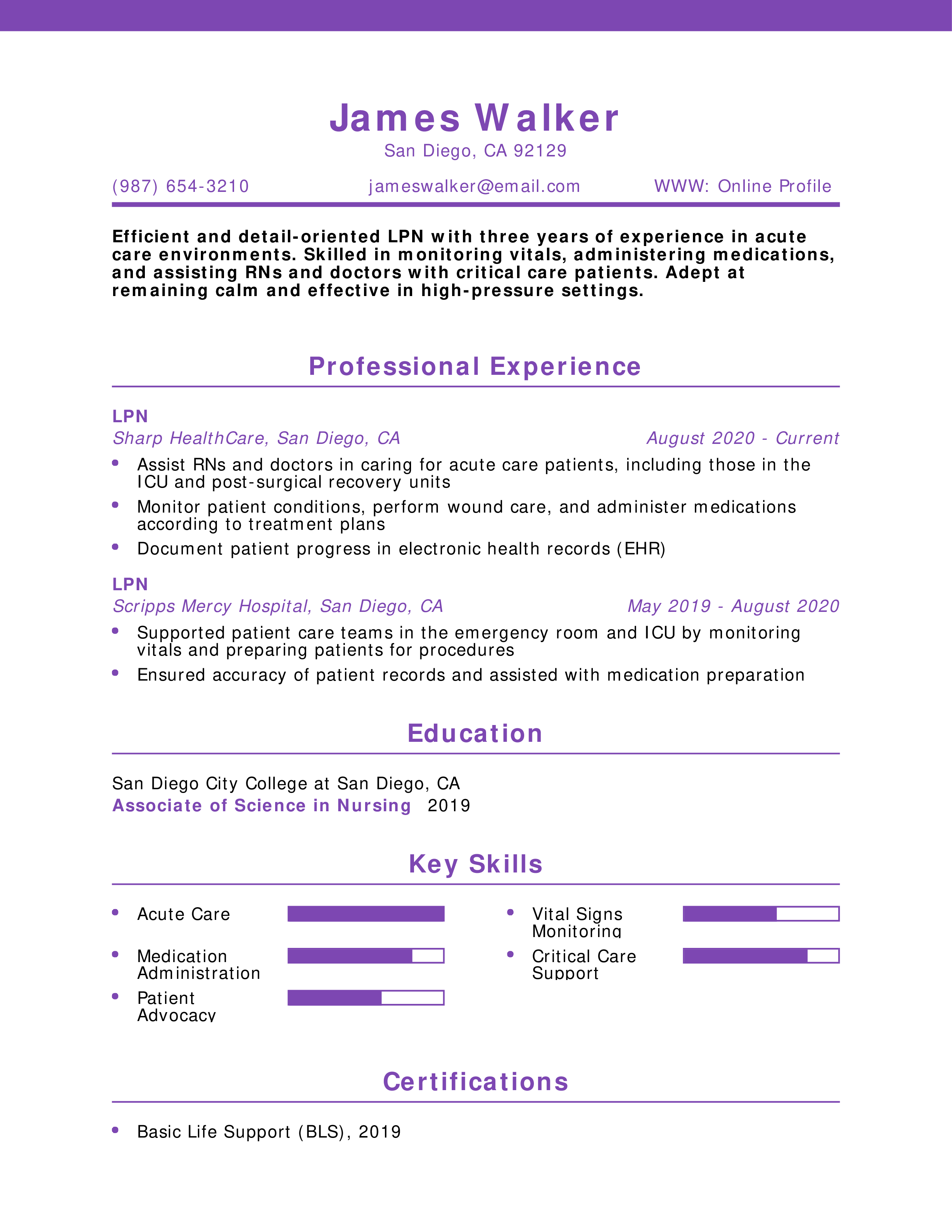 Acute Care LPN Resume