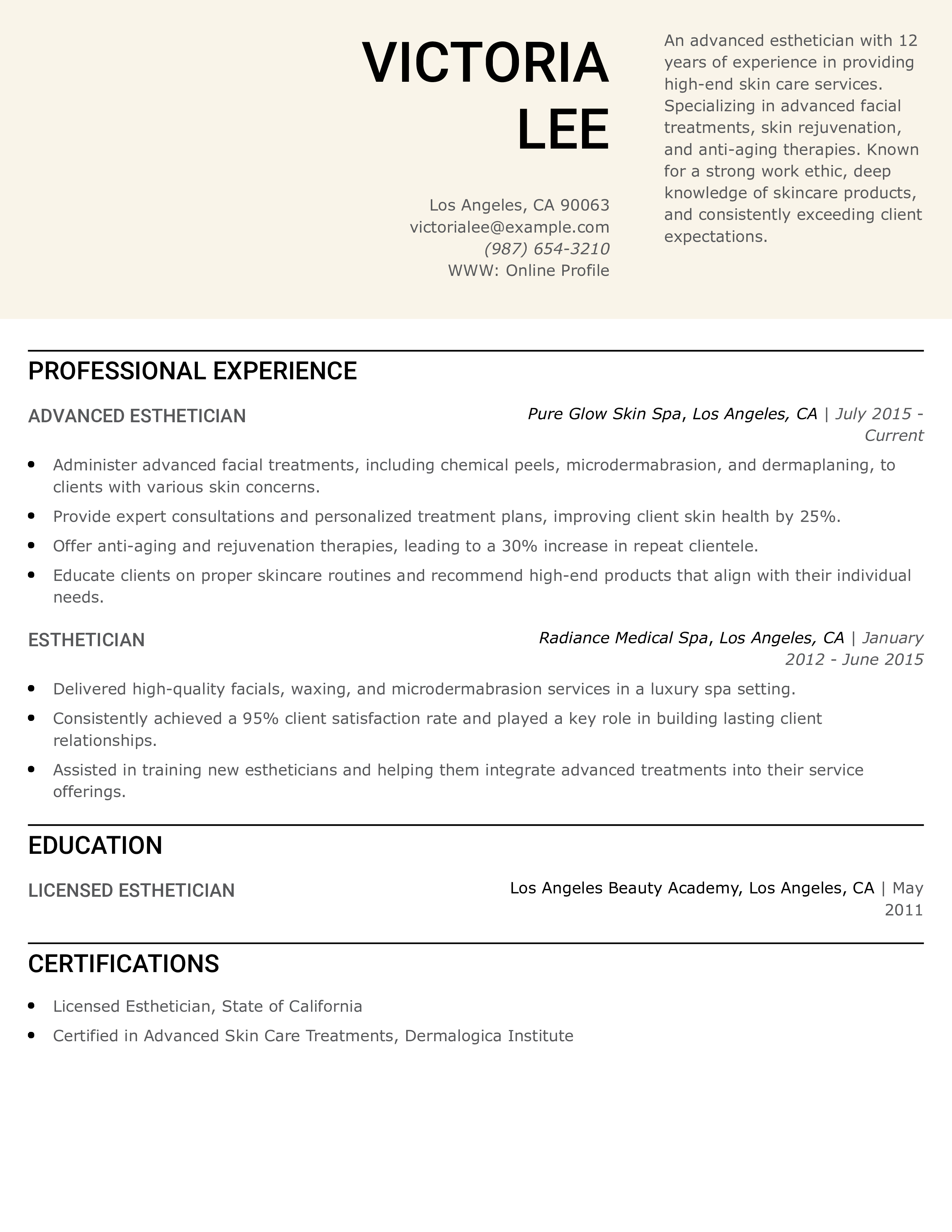 Advanced Esthetician Resume