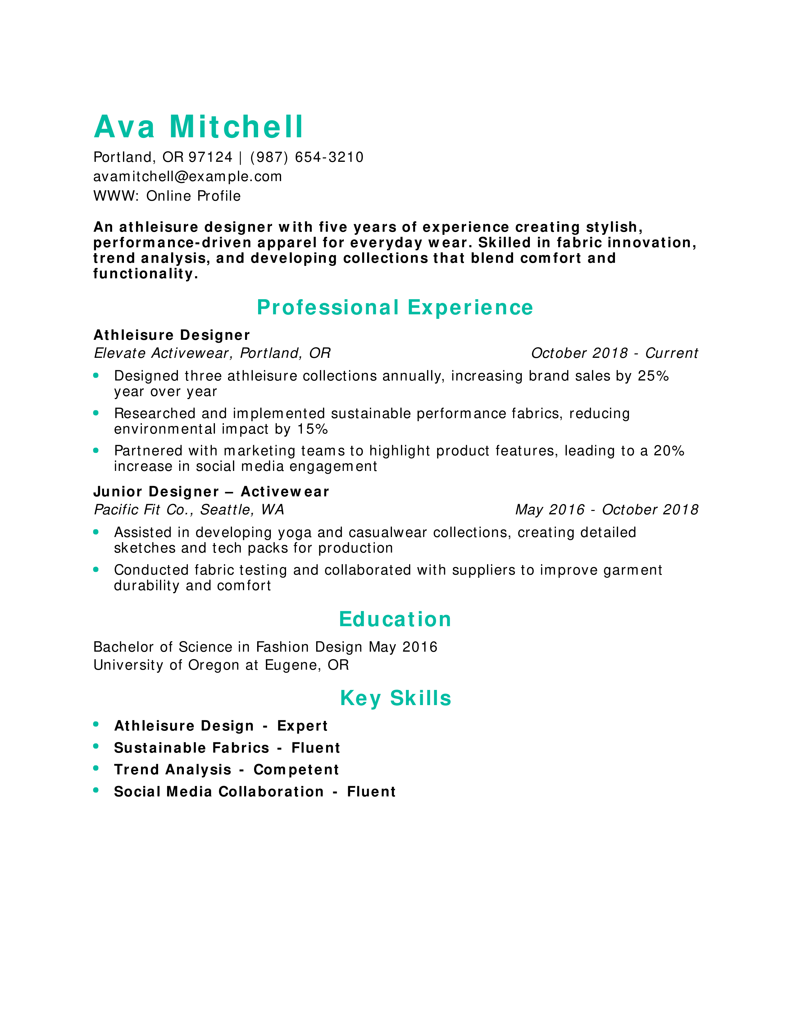 Athleisure Designer Resume Example