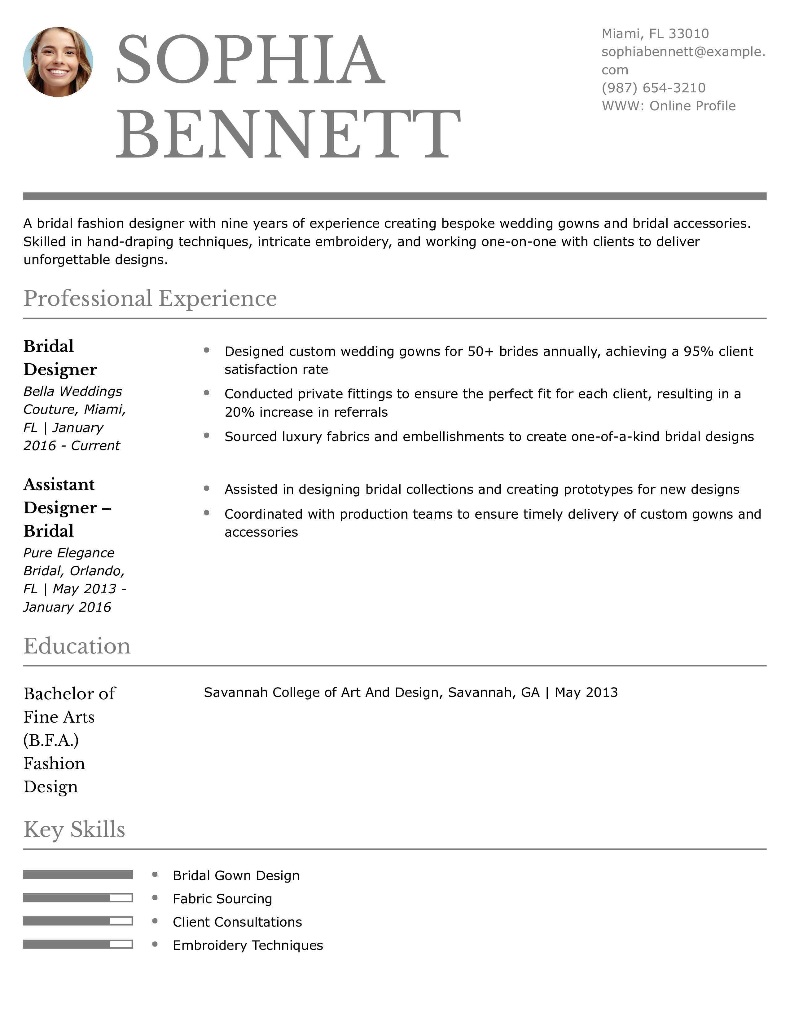 Bridal Fashion Designer Resume Example