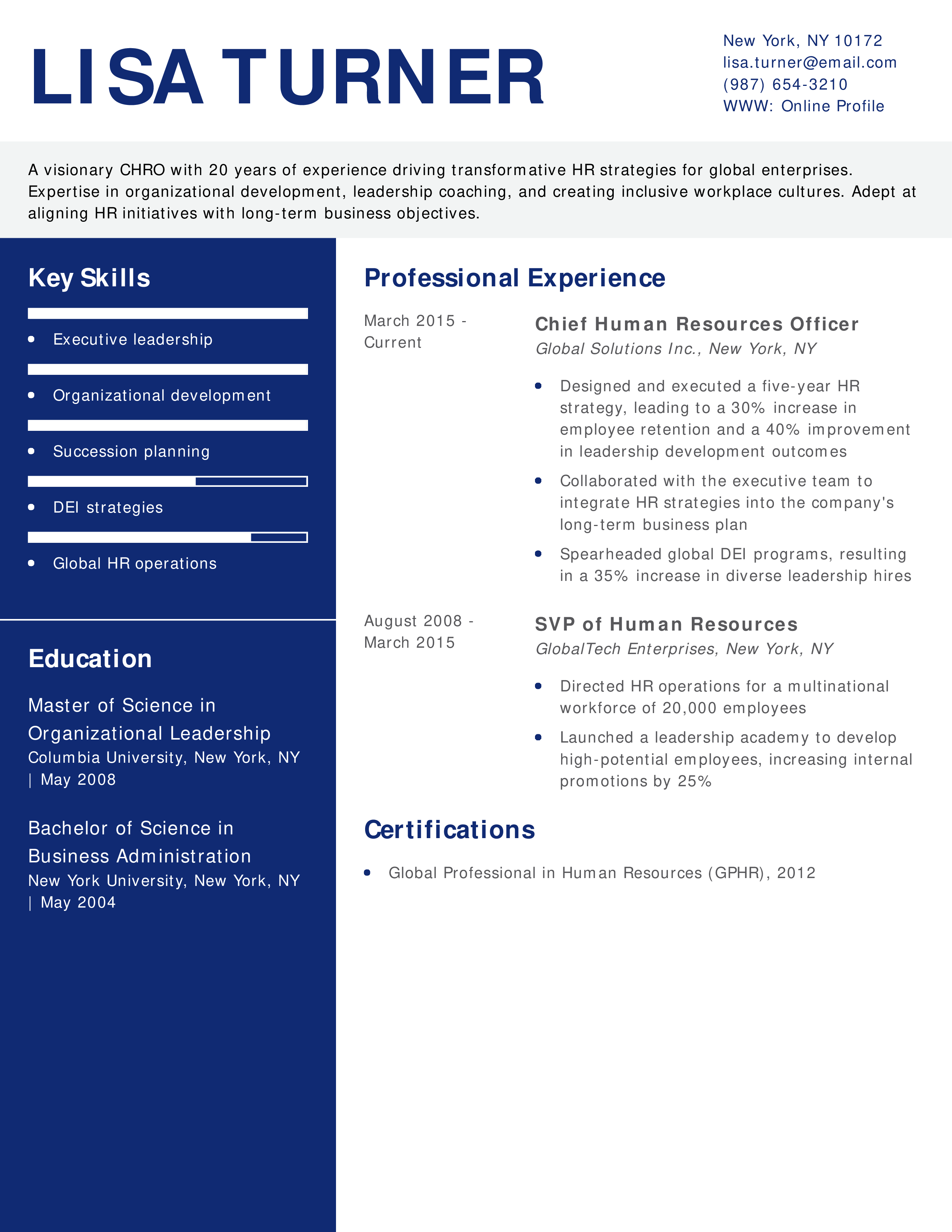 Chief Human Resources Officer (CHRO) Resume
