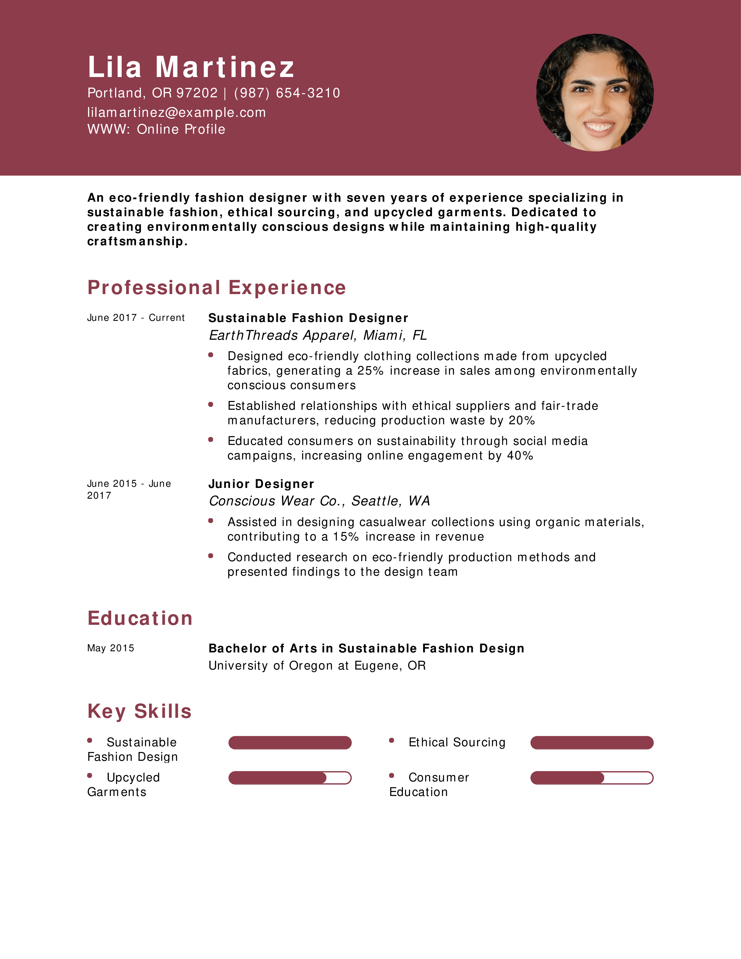 Eco-Friendly Fashion Designer Resume Example