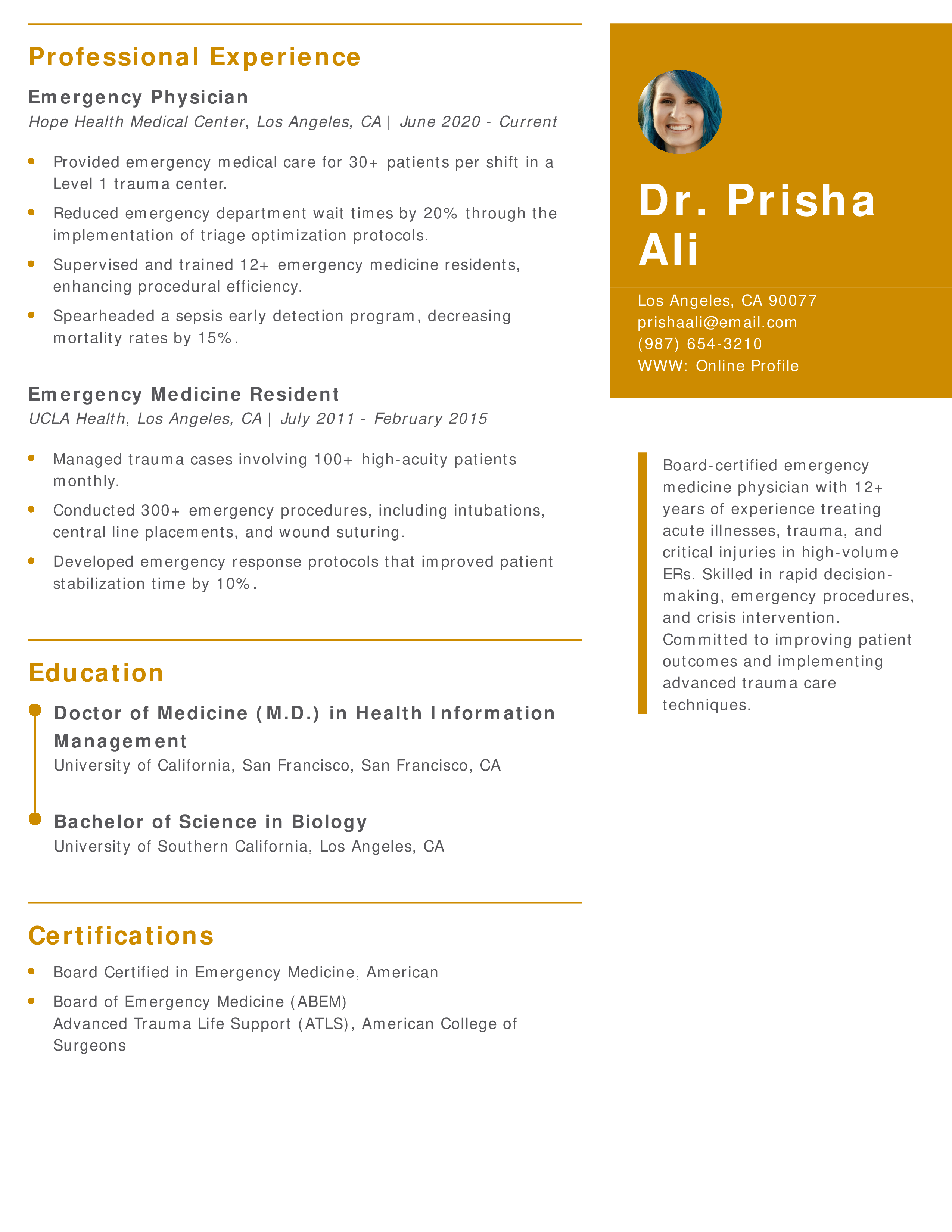 Emergency Medicine Physician Resume