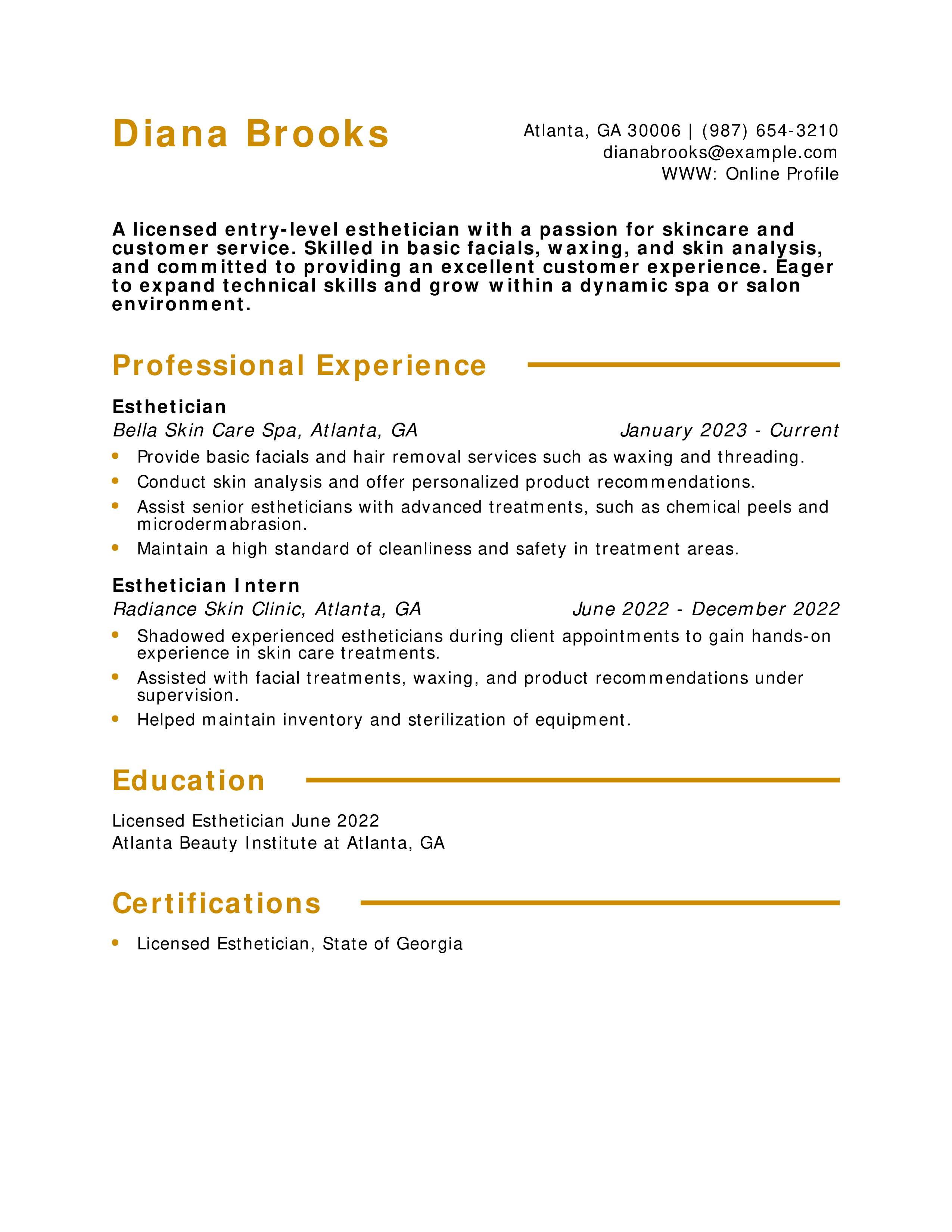 Entry-Level Esthetician Resume