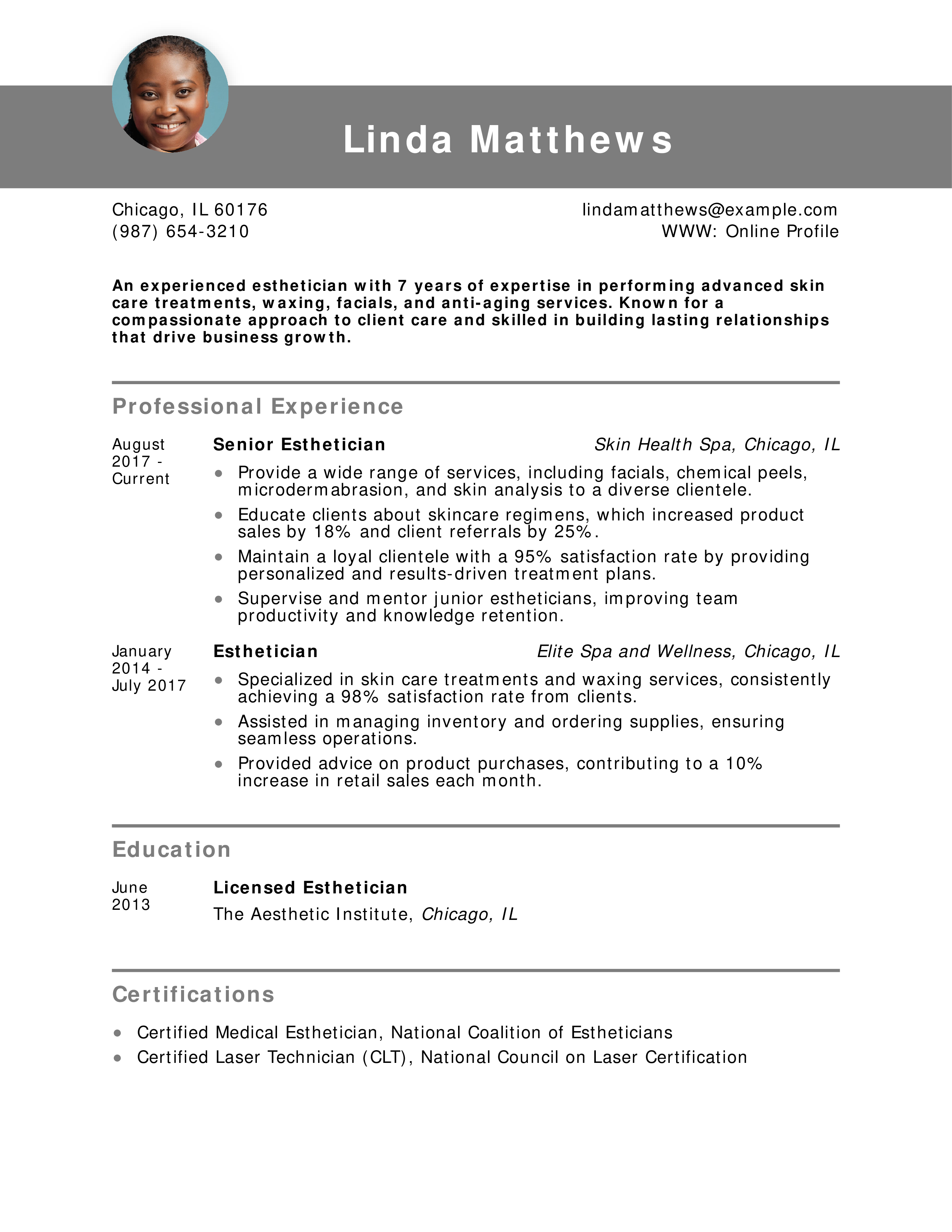 Experienced Esthetician Resume
