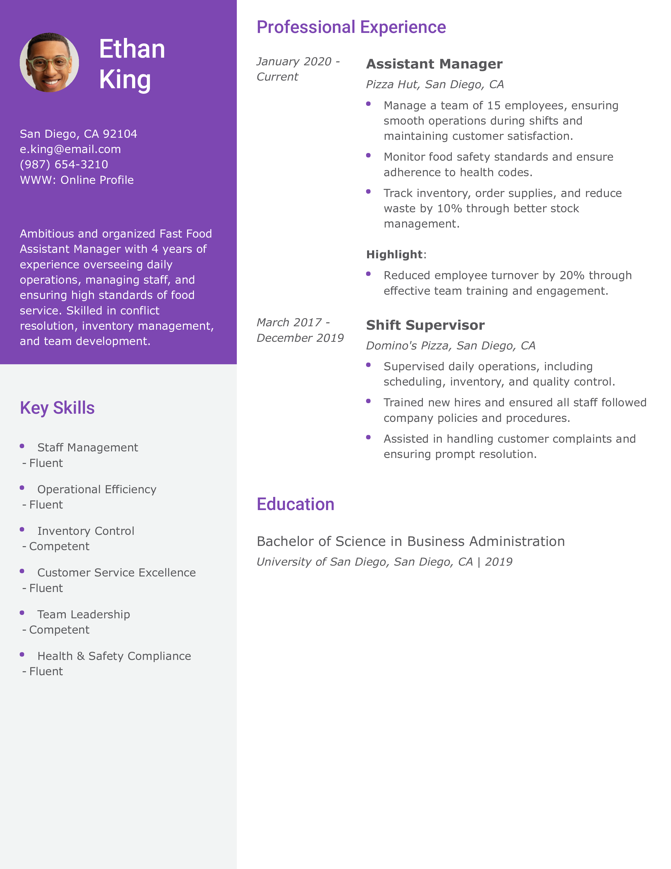 Fast Food Assistant Manager Resume