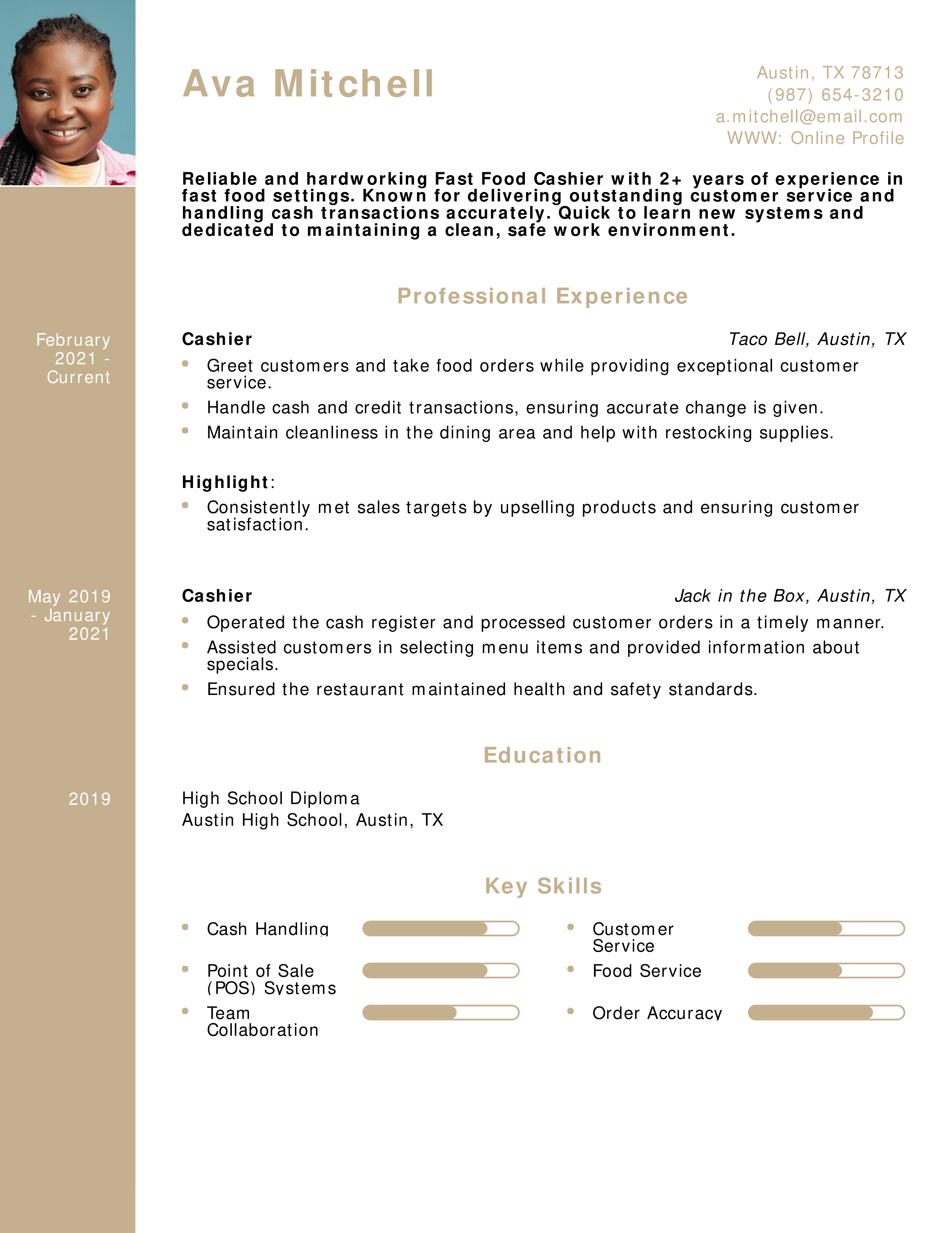 Fast Food Cashier Resume