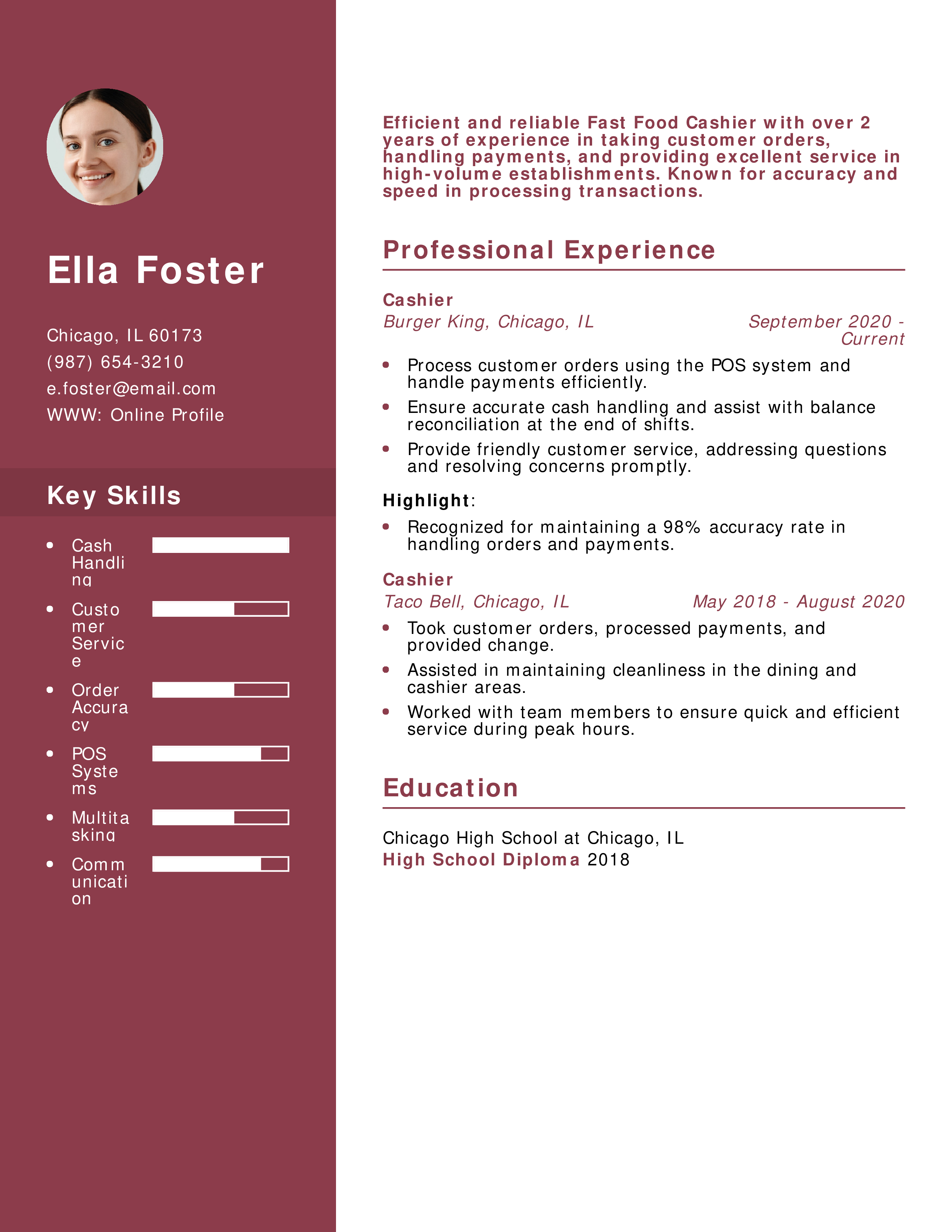 Fast Food Cashier Resume